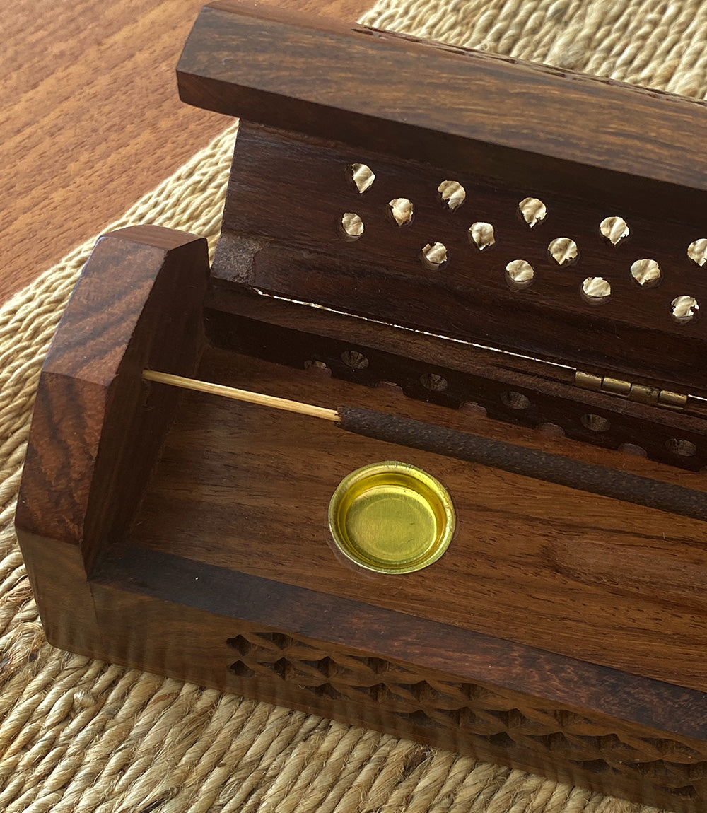 Rosewood Jali Cutwork Box Incense Holder - Brass Inlay