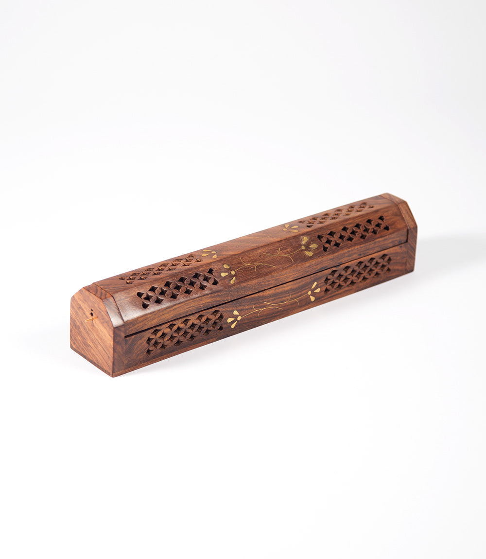 Rosewood Jali Cutwork Box Incense Holder - Brass Inlay