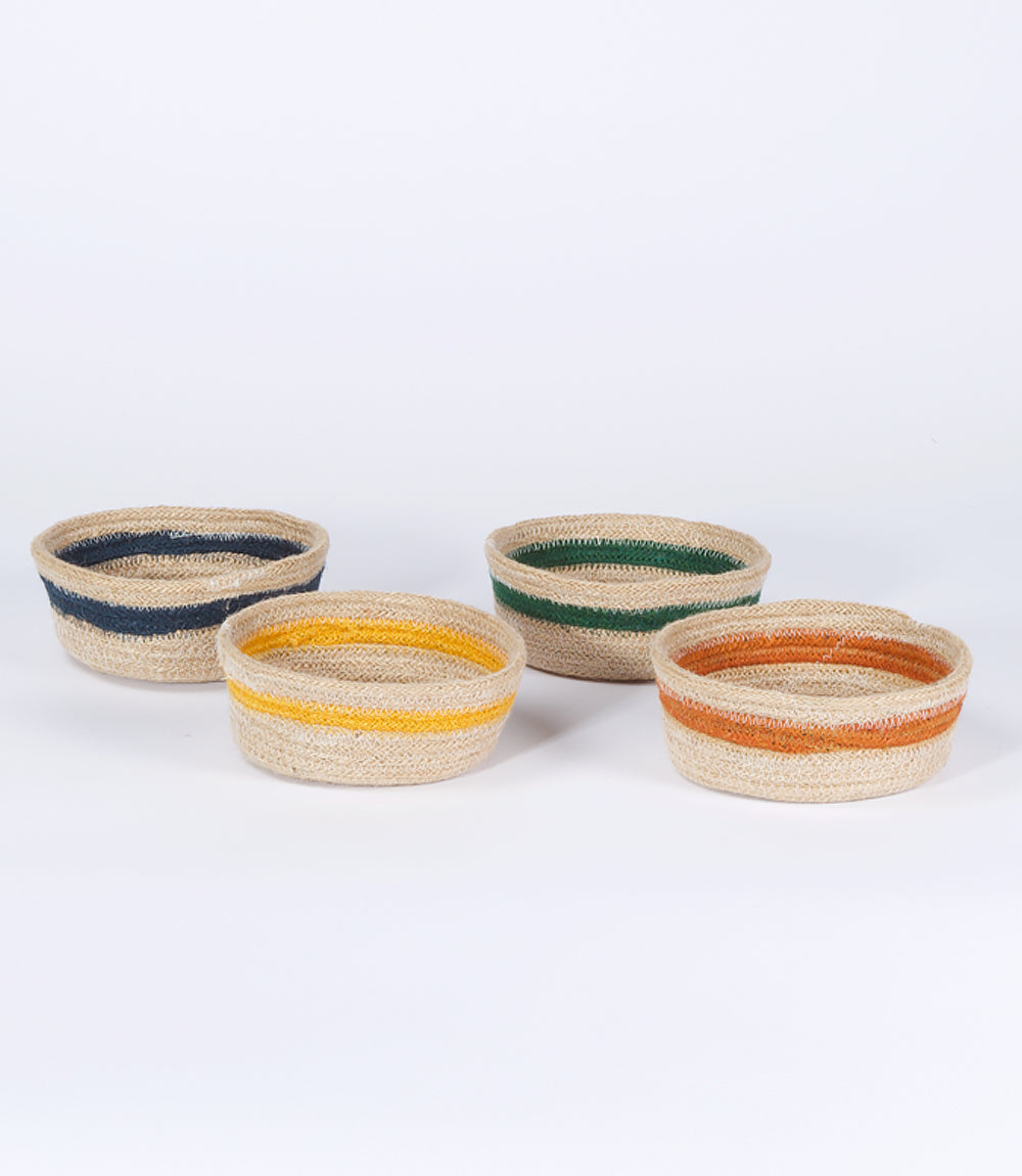 Set of 4 natural jute bowls, small, with each one a different coloured band.