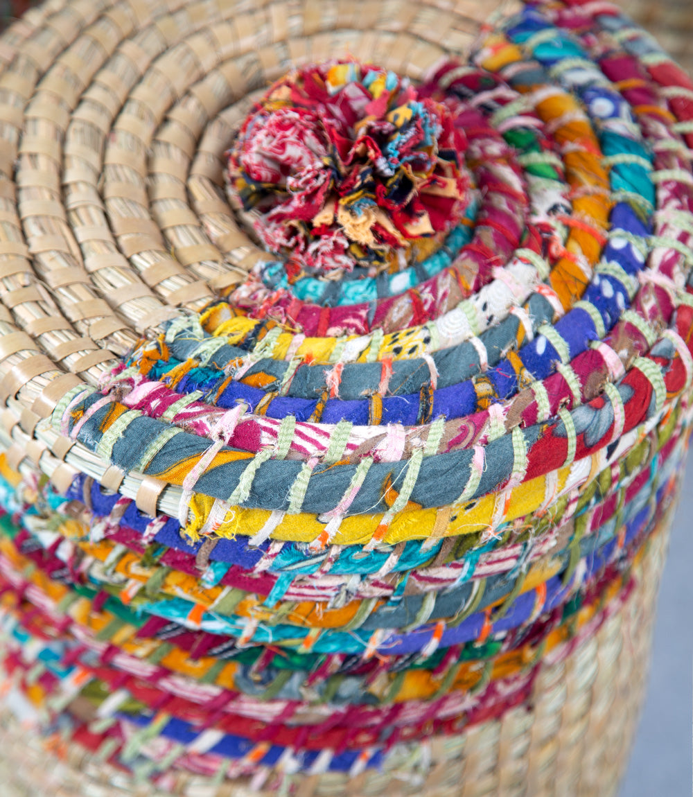 Kaisa basket lid with upcycled saree strings and pompom
