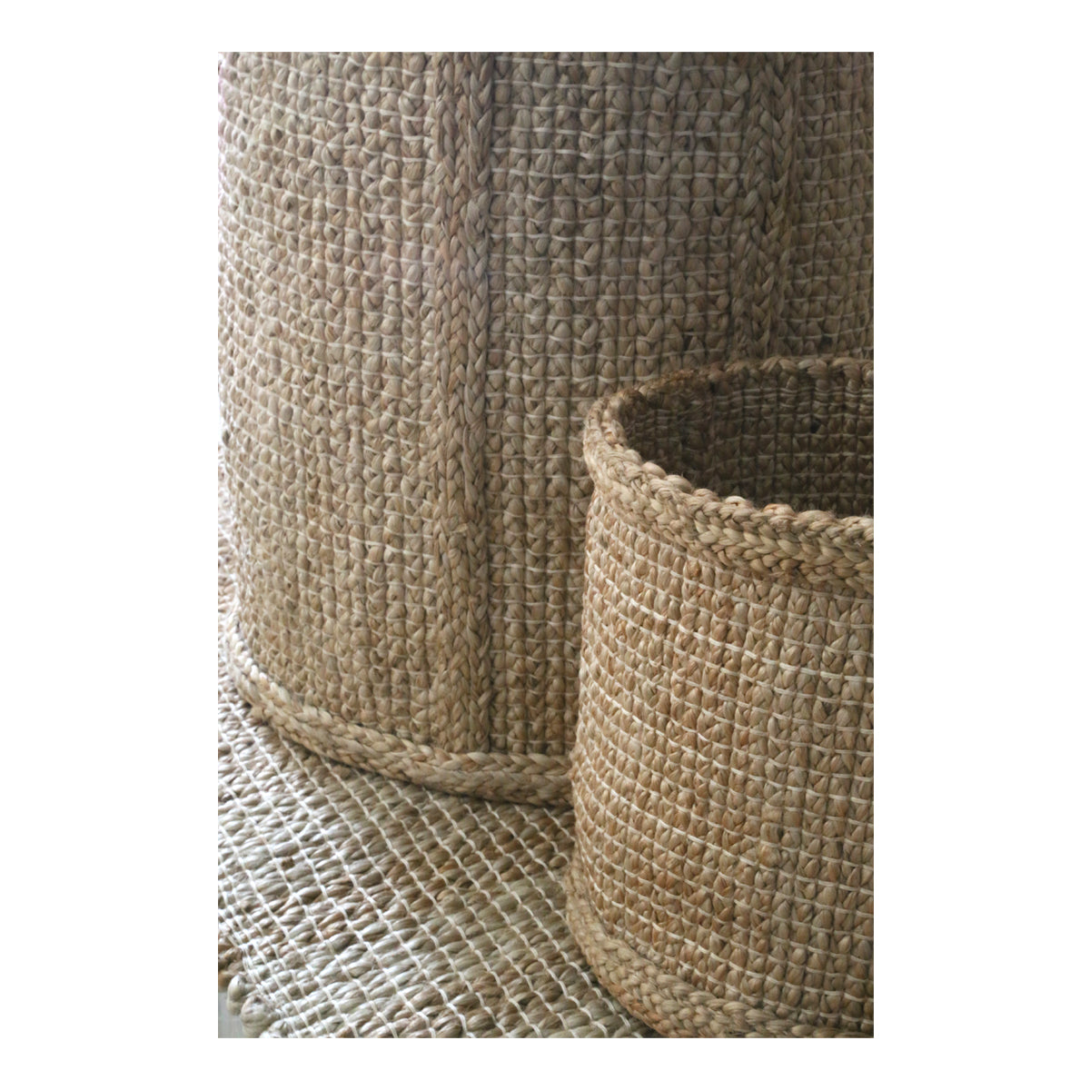 Tall Narrow Jute Basket with Handles, Natural Hatched Weave