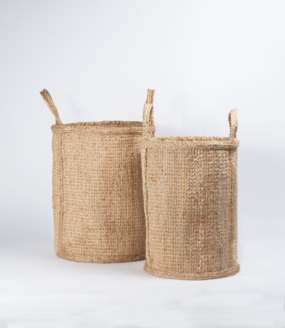 Jute Basket with Handles, Natural Hatched Weave - Tall and Narrow