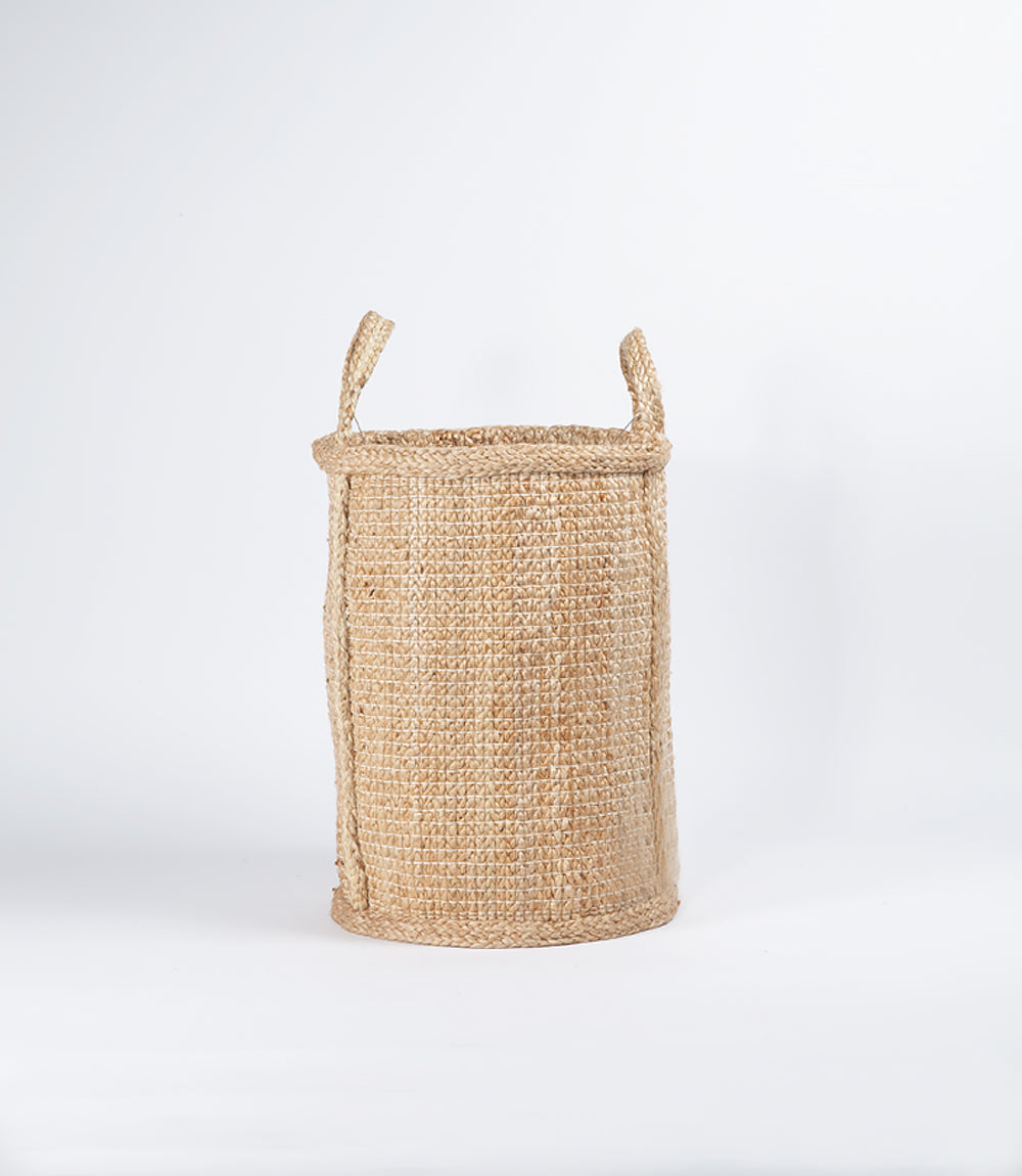 Jute Basket with Handles, Natural Hatched Weave - Tall and Narrow