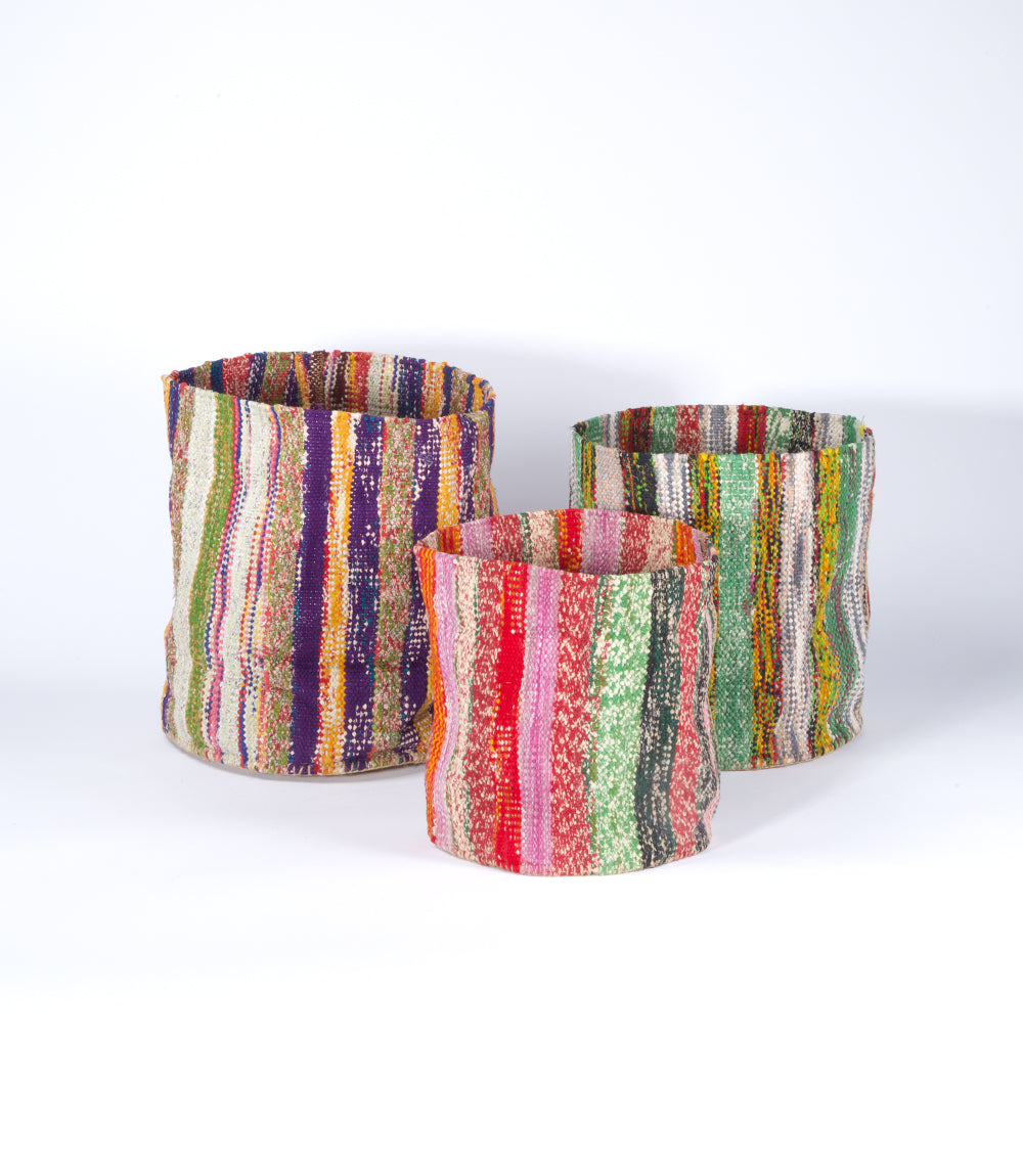 Upcycled Saree Kilim Folding Basket, Set of 3