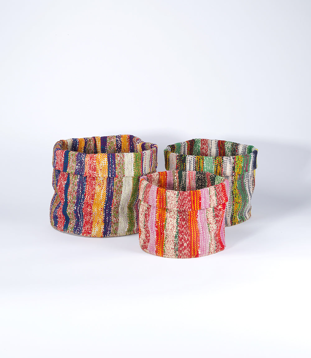 Upcycled Saree Kilim Folding Basket, Set of 3