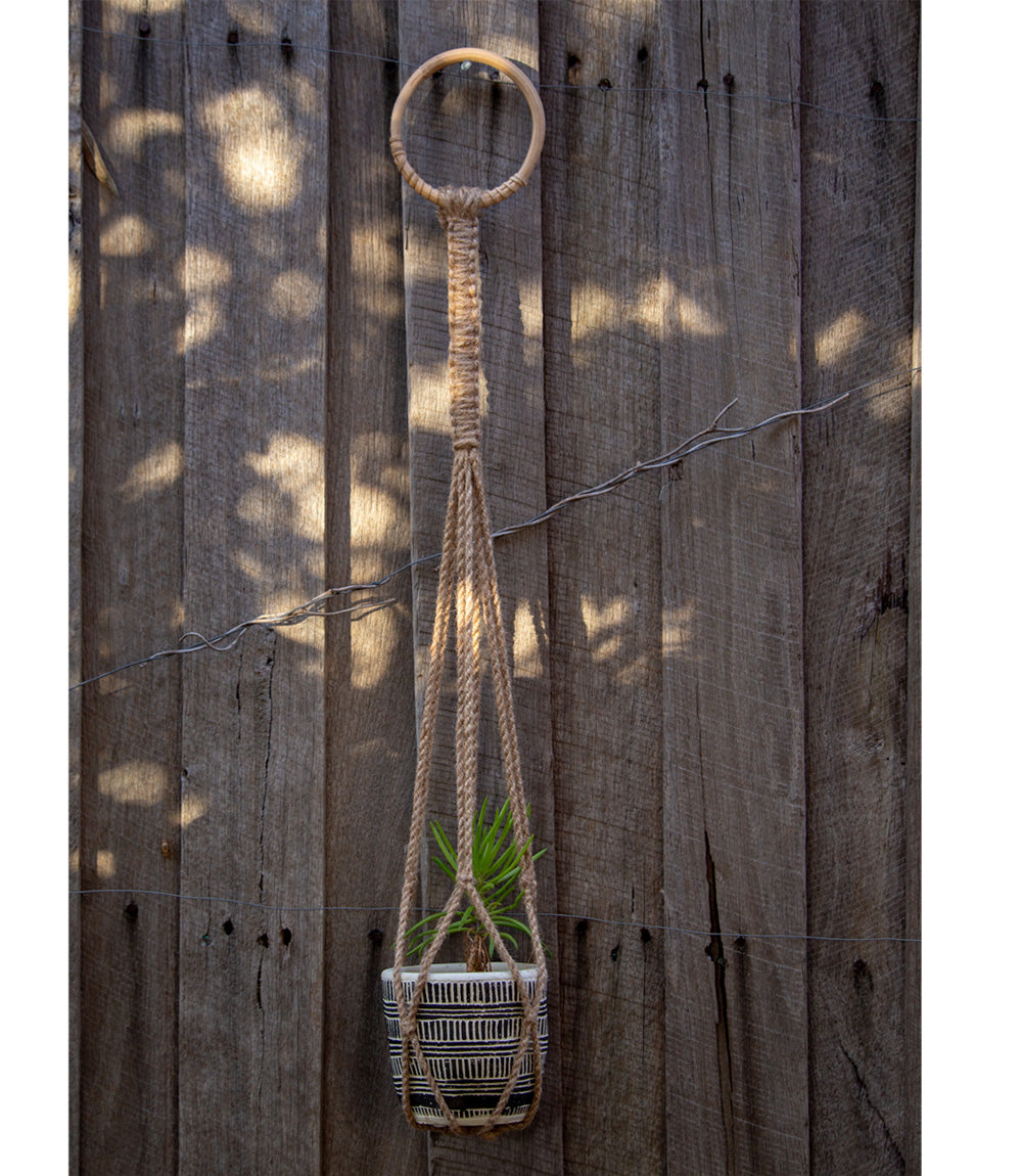 macrame plant hanger with jute Macrame Shika Plant Hanger, "Lark", Jute, Bamboo Handle, 64cm