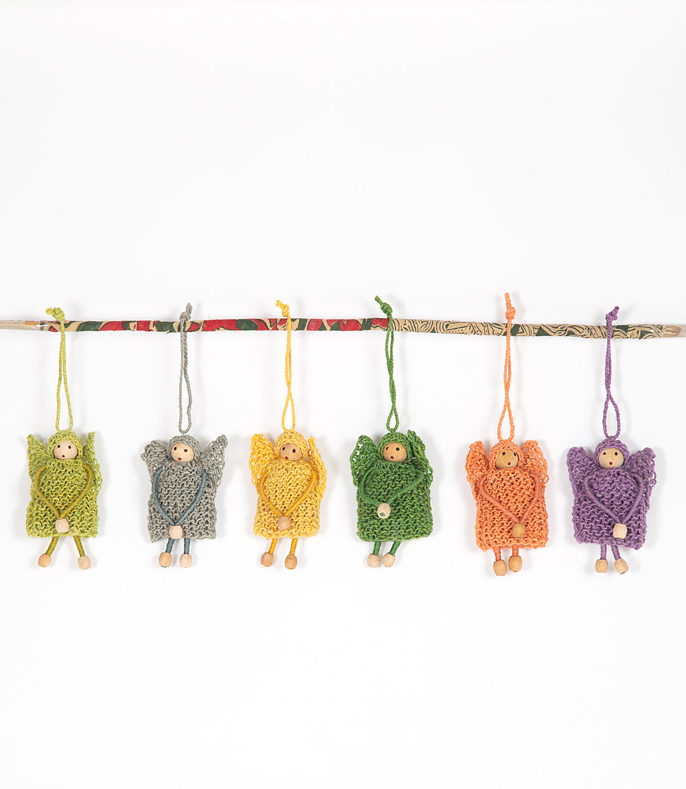 Colorful knitted hemp angels.