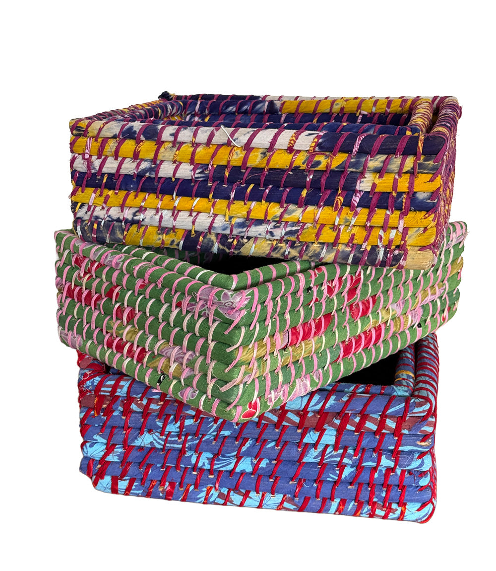 Saree-Wrapped Kaisa Table Baskets – Set of 2. Assorted Colours