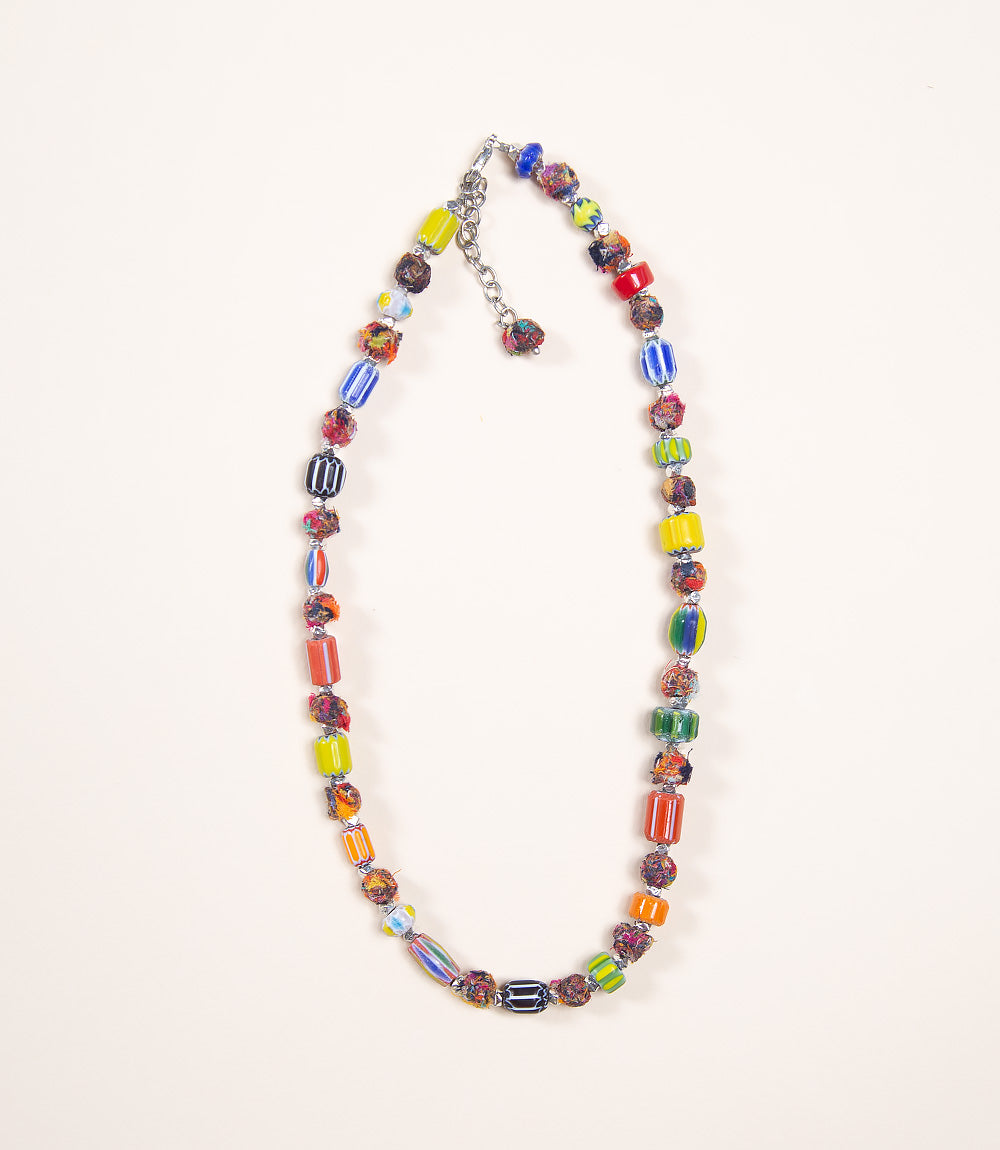 Upcycled Fabric &amp; Glass Necklace - Gutka Glass Bead Silver Brass &amp; Sari Beads