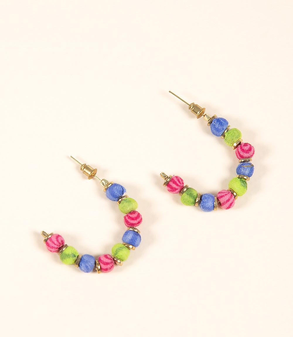 Upcycled Fabric Earrings - 9 Bead Semi Circle - Blue/Green Theme