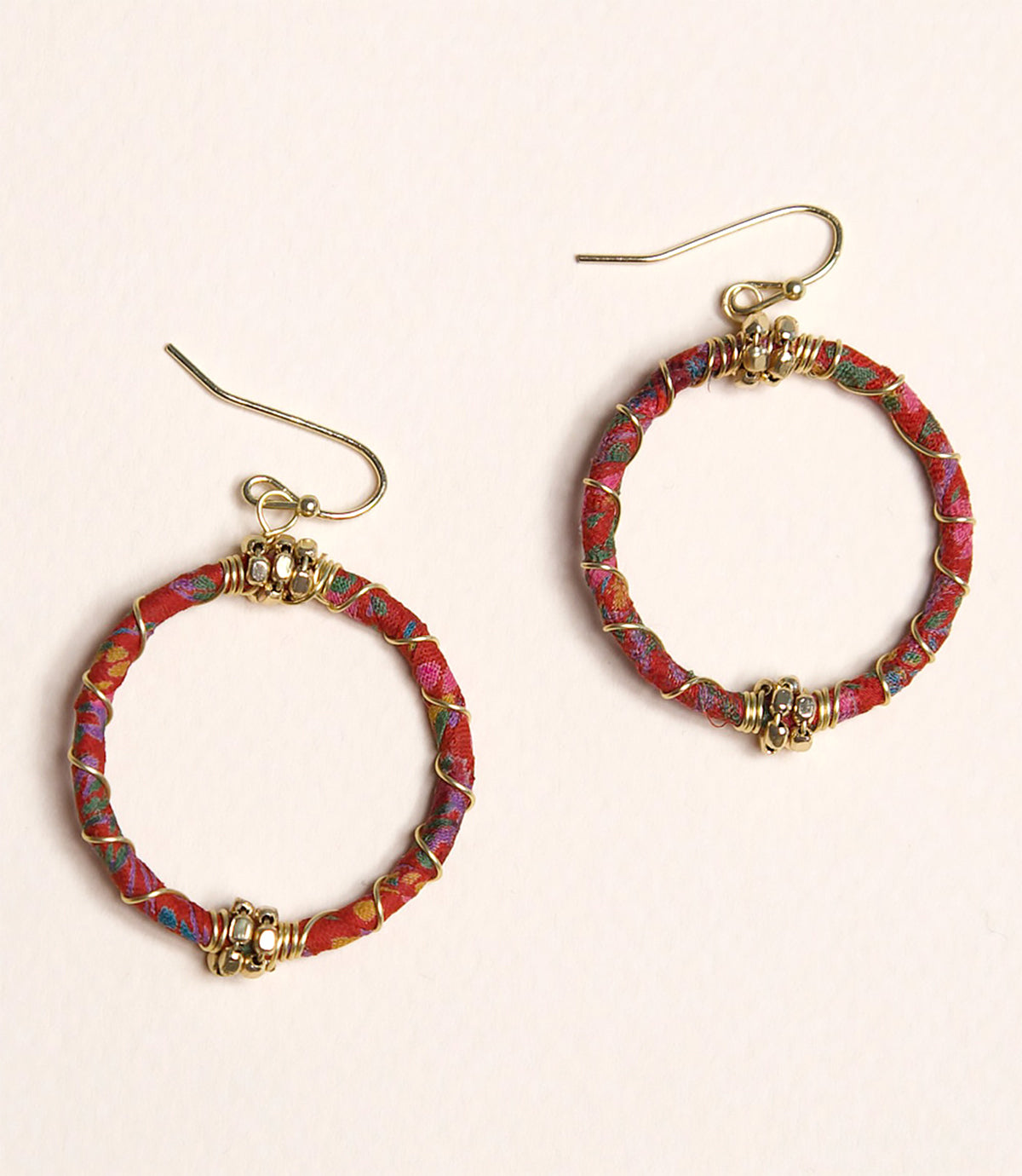 Upcycled Fabric Earrings - Wrapped Hoops with Brass Twist