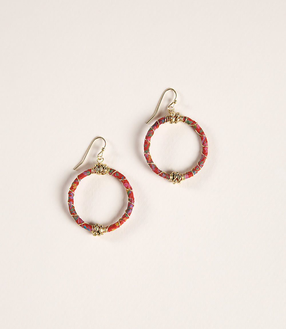 Upcycled Fabric Earrings - Wrapped Hoops with Brass Twist