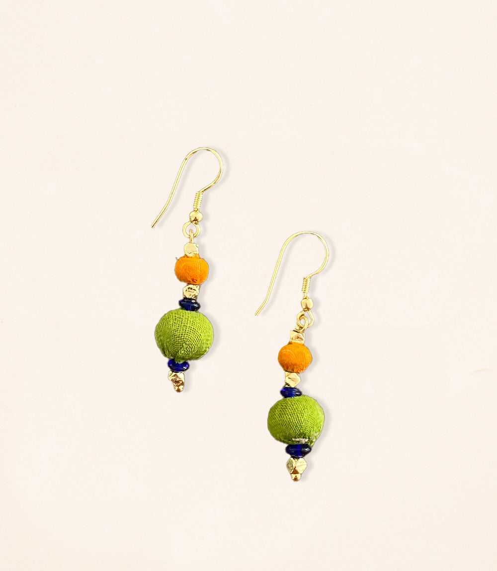 Ucycled Fabric Earrings - Two Beads with Brass Accent Drop - Assorted Colours