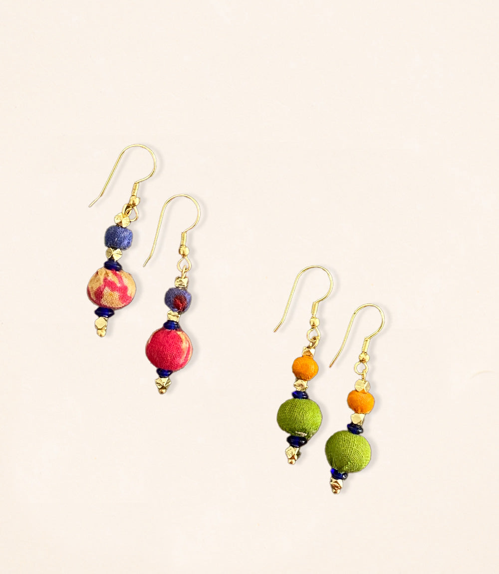 Ucycled Fabric Earrings - Two Beads with Brass Accent Drop - Assorted Colours