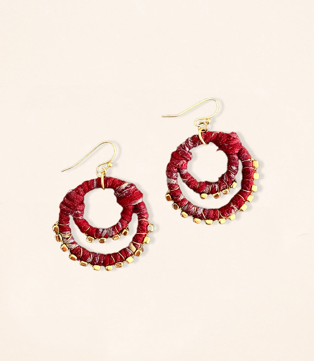 Upcycled Fabric Earrings - Double Hoop Sari with Brass Accent - Assorted Colours