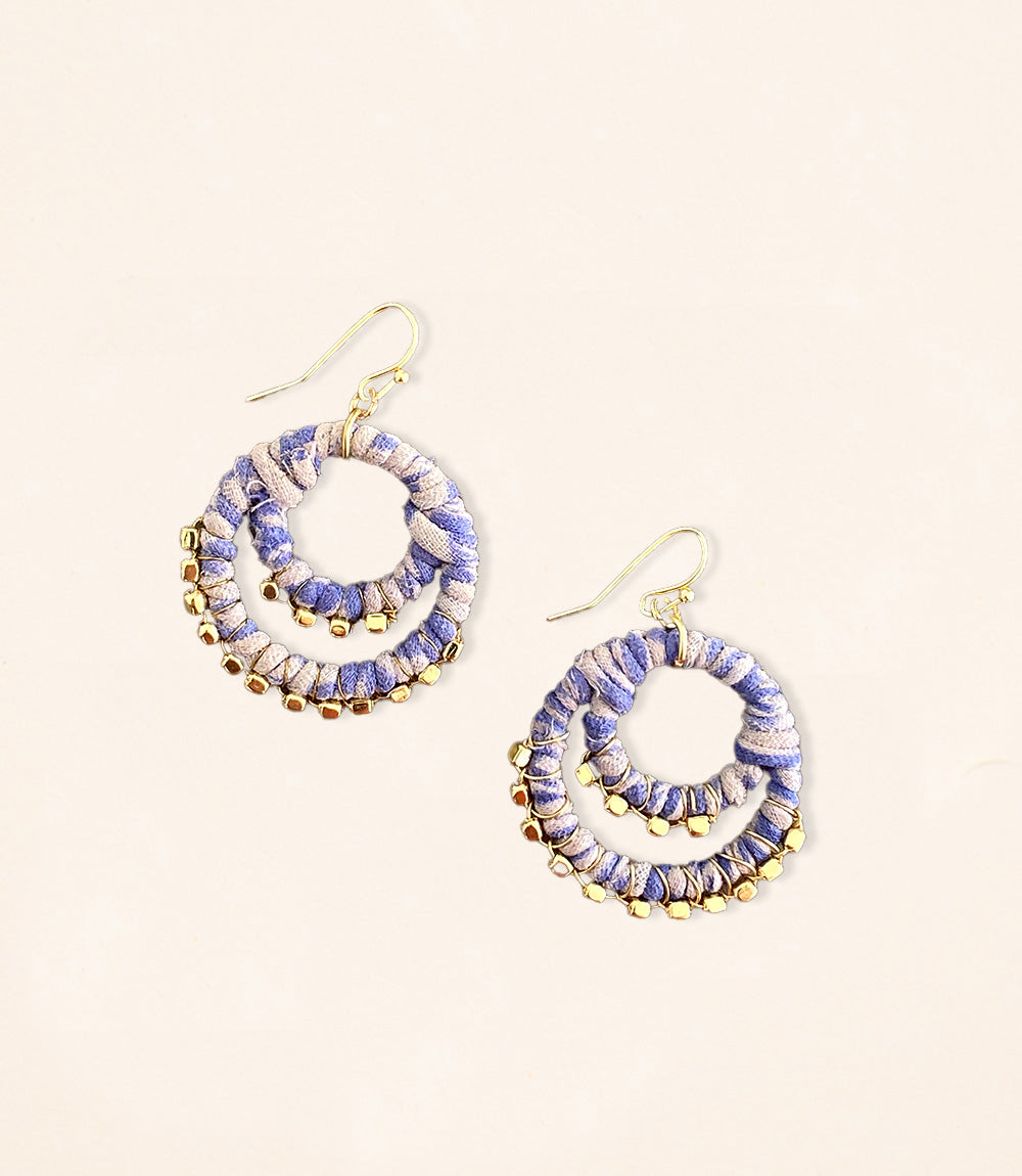 Upcycled Fabric Earrings - Double Hoop Sari with Brass Accent - Assorted Colours