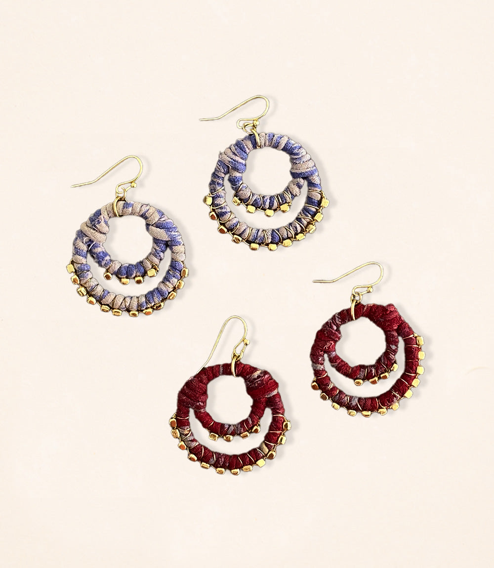 Upcycled Fabric Earrings - Double Hoop Sari with Brass Accent - Assorted Colours
