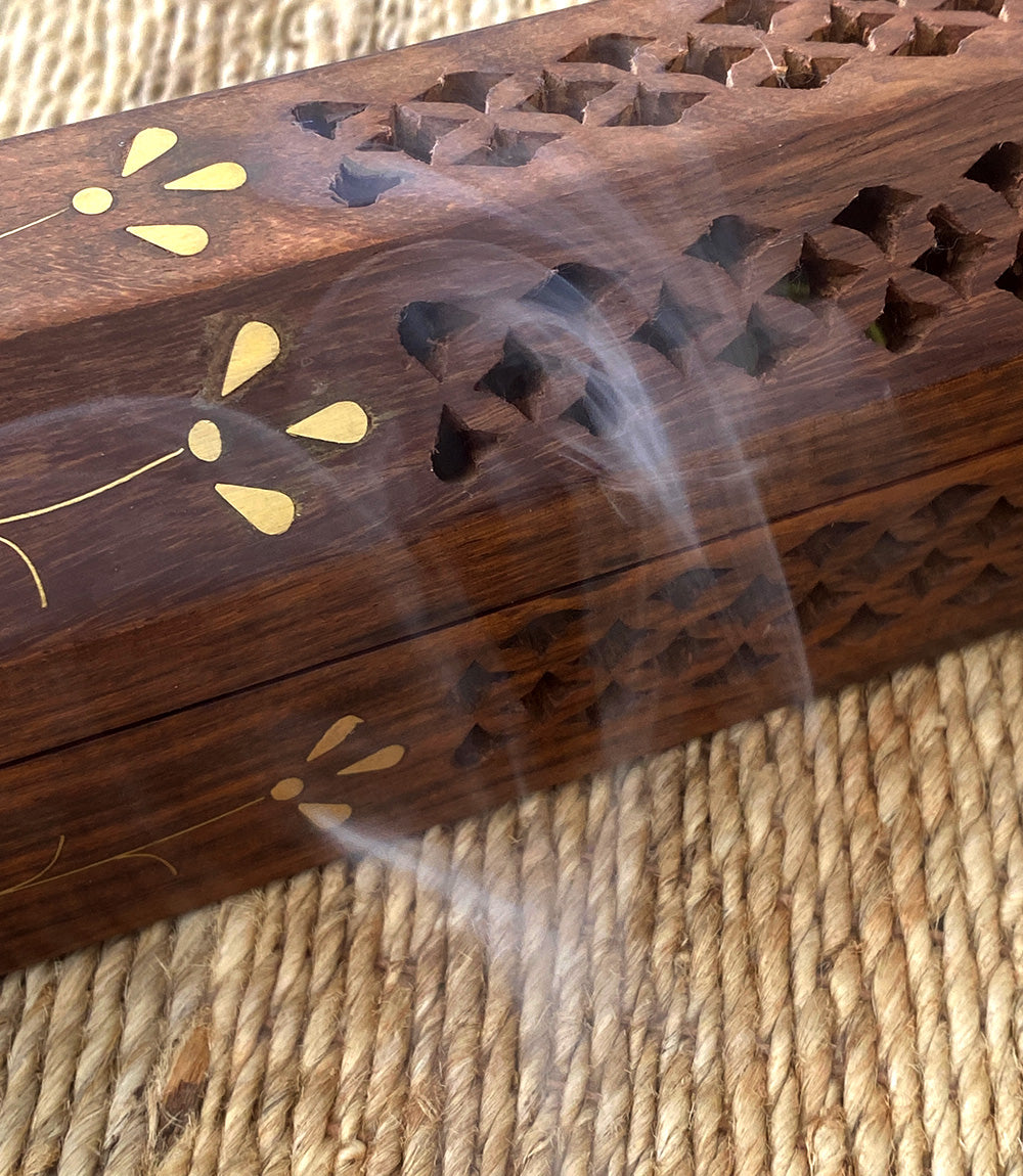 Rosewood Jali Cutwork Box Incense Holder - Brass Inlay