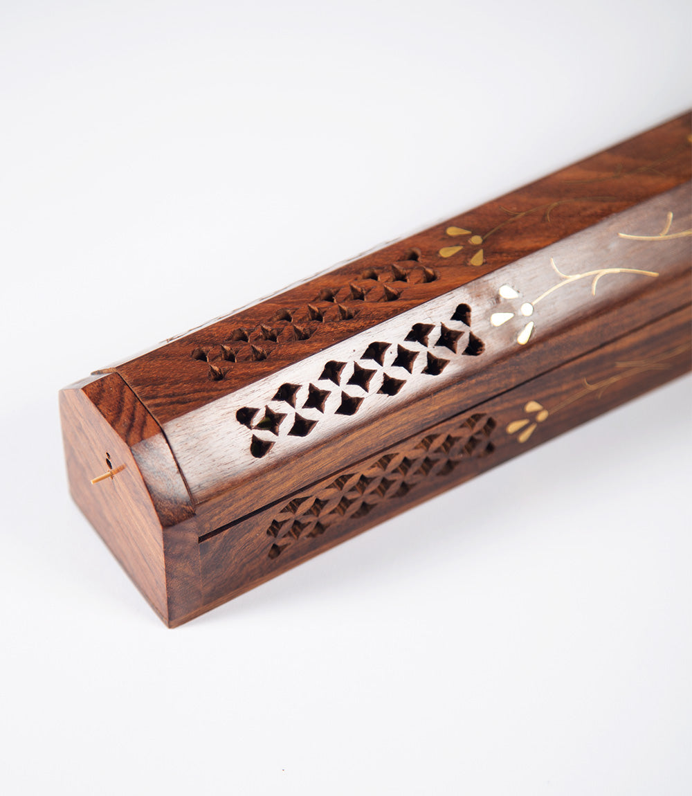 Rosewood Jali Cutwork Box Incense Holder - Brass Inlay