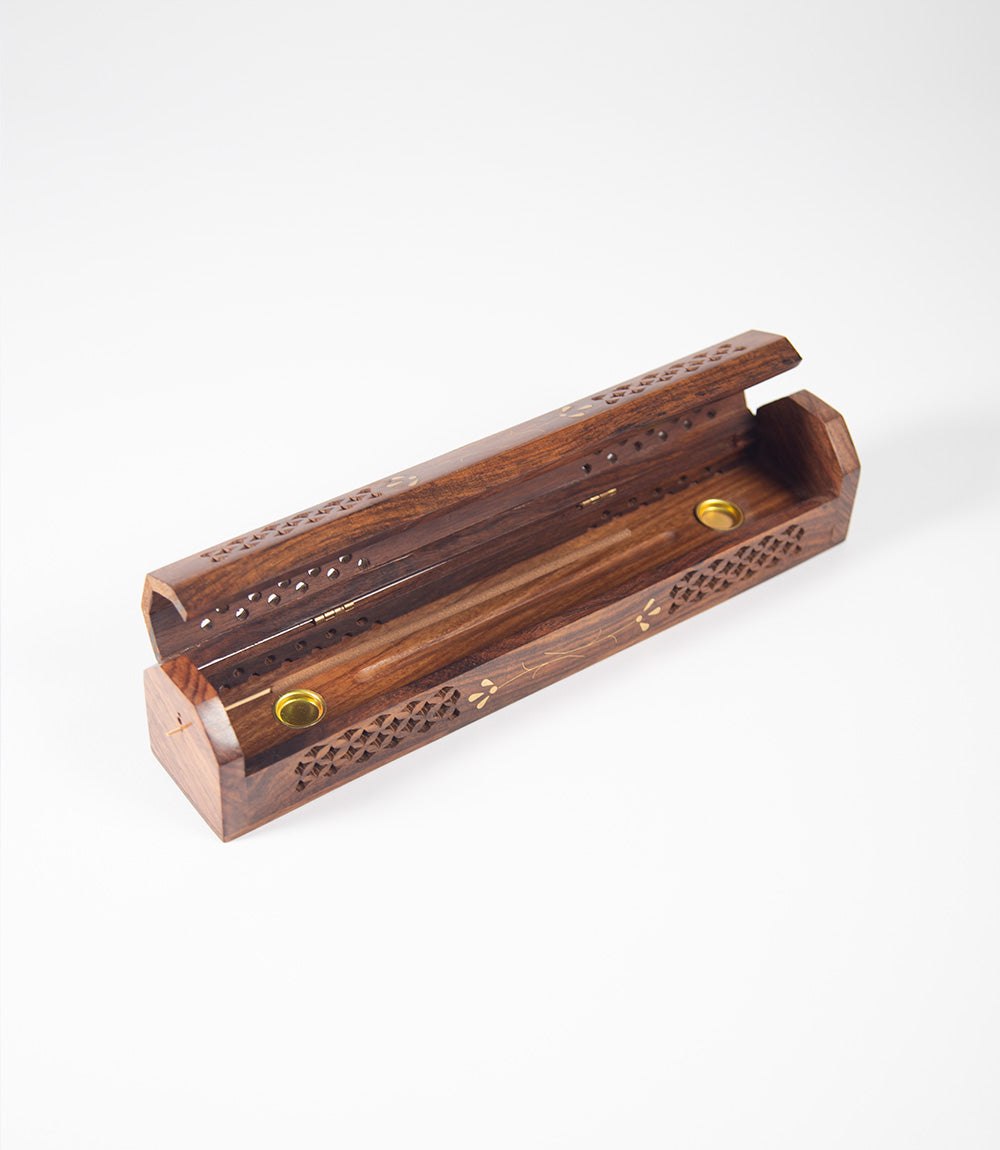 Rosewood Jali Cutwork Box Incense Holder - Brass Inlay