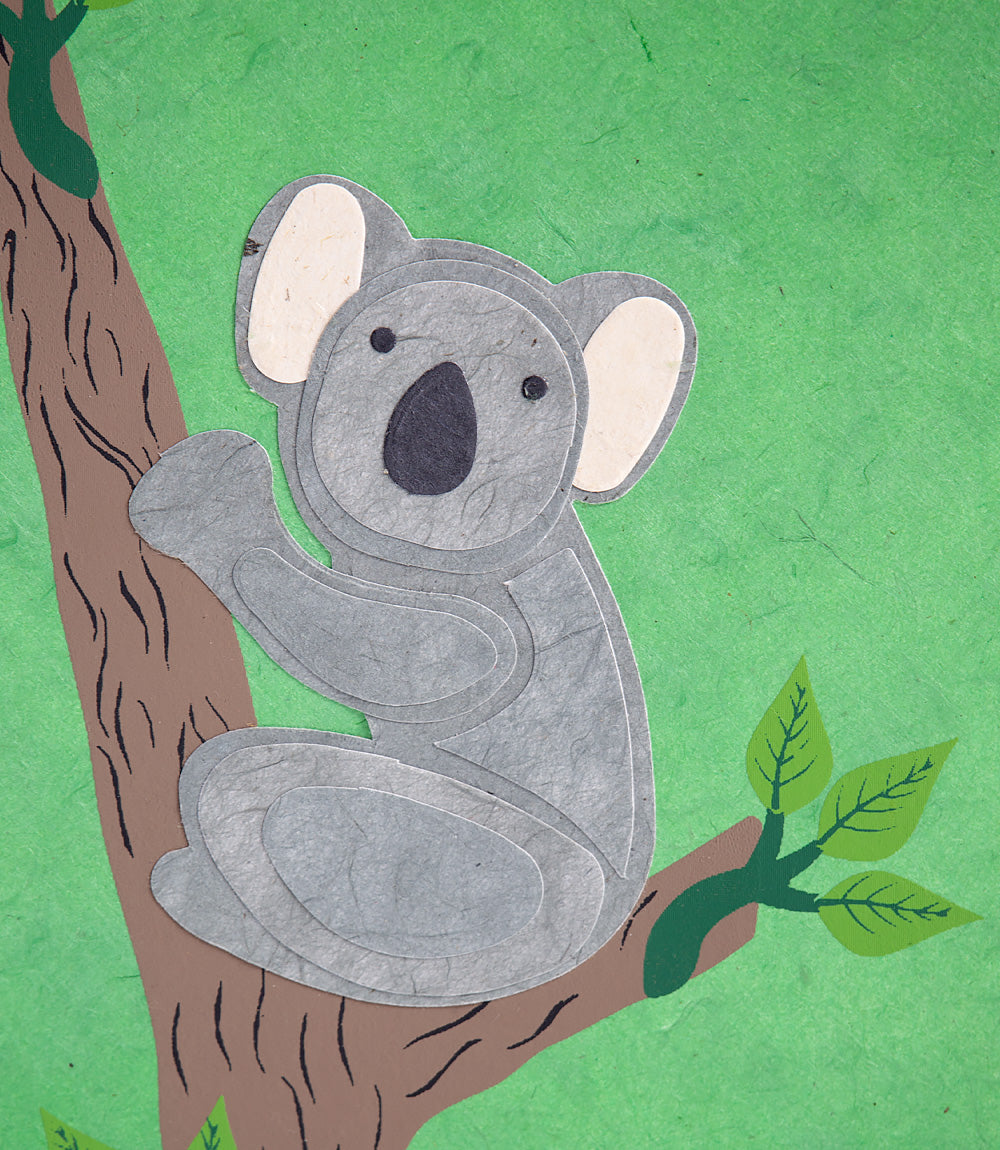 Cartoon koala on a tree branch with green leaves against a green background