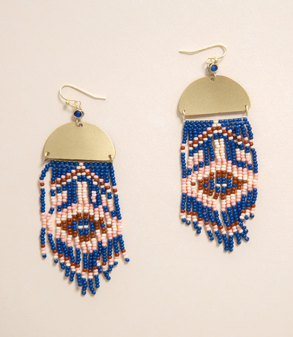 Wanderer - Beaded Tassel Earrings, Navy &amp; Pink