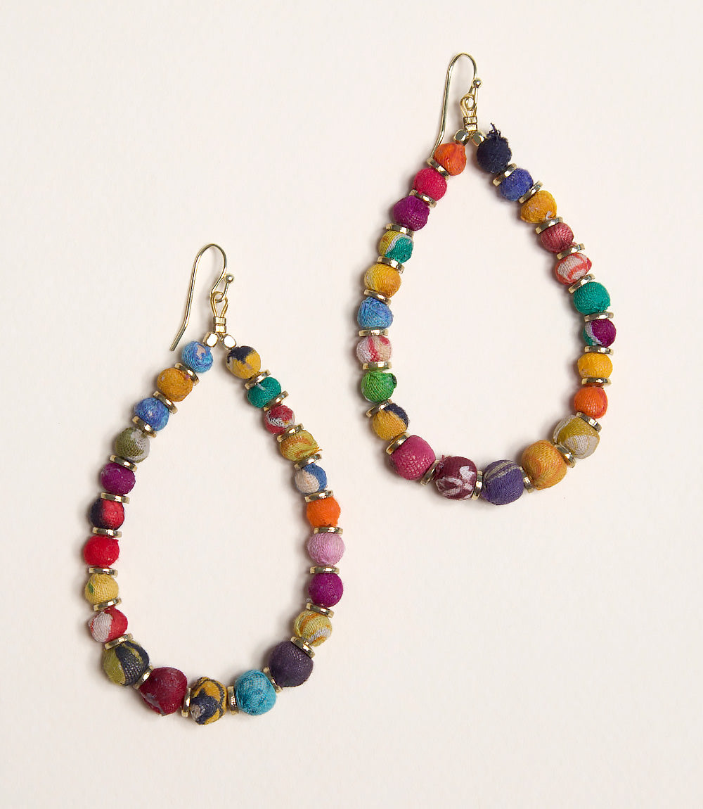 Upcycled Fabric Oval Hoop Earrings - 23 Beads