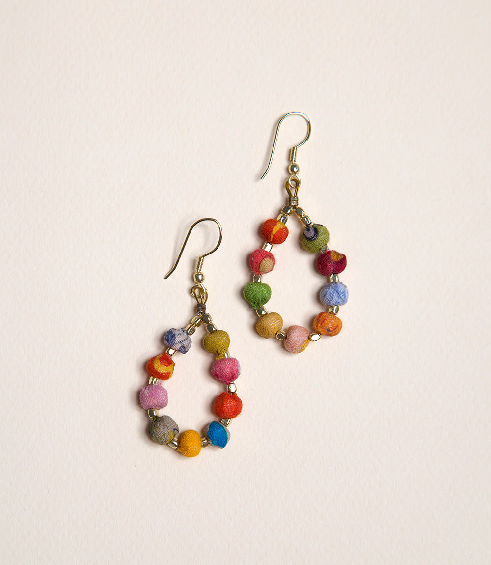 Upcycled Fabric Earrings - Oval Hoop, 9 Bead