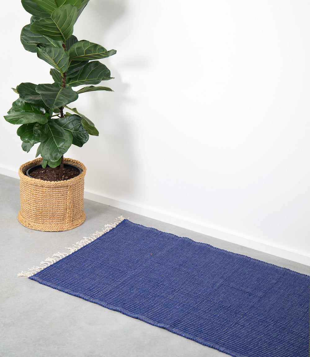 Jute and Cotton Floor Mat - Thin, Blue, 130x70cm