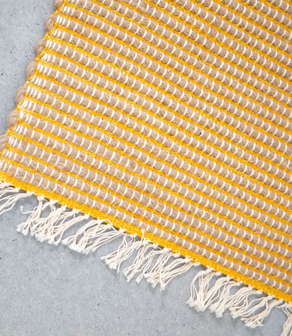 Jute &amp; Cotton Floor Mat - Thick, Yellow Stripe, 90x60cm