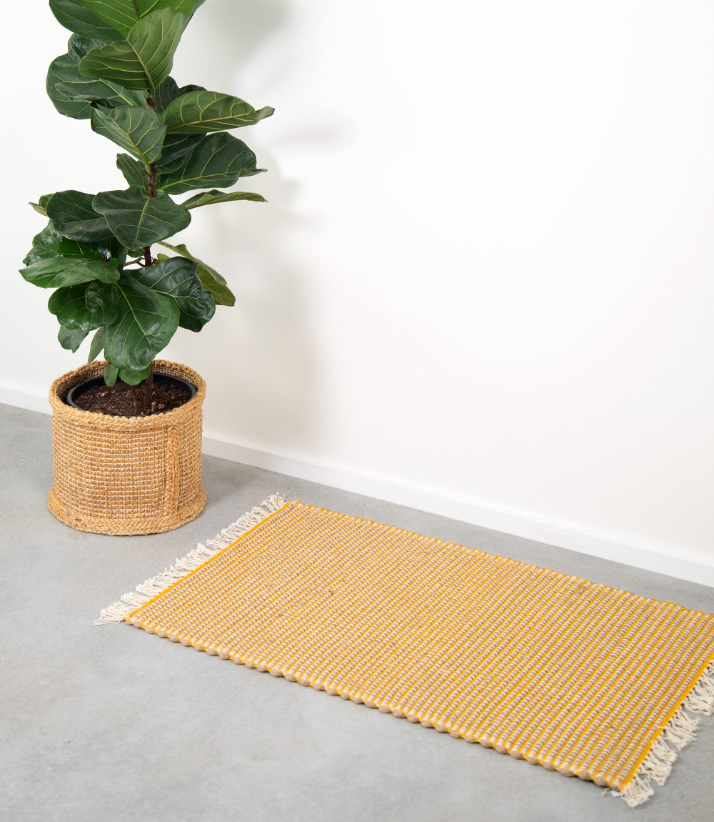 Jute &amp; Cotton Floor Mat - Thick, Yellow Stripe, 90x60cm