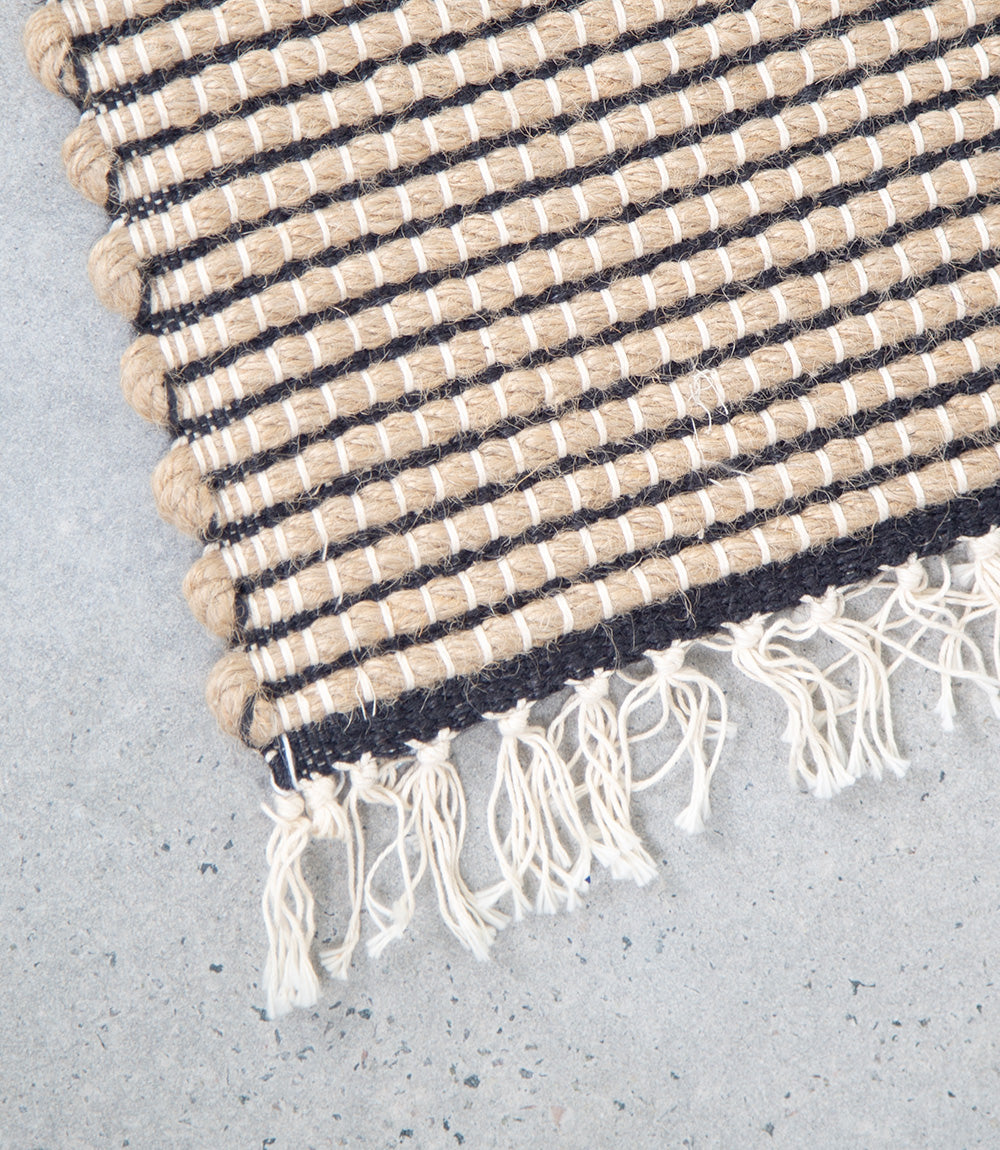 Jute &amp; Cotton Floor Mat - Thick, Black Stripe, 90x60cm