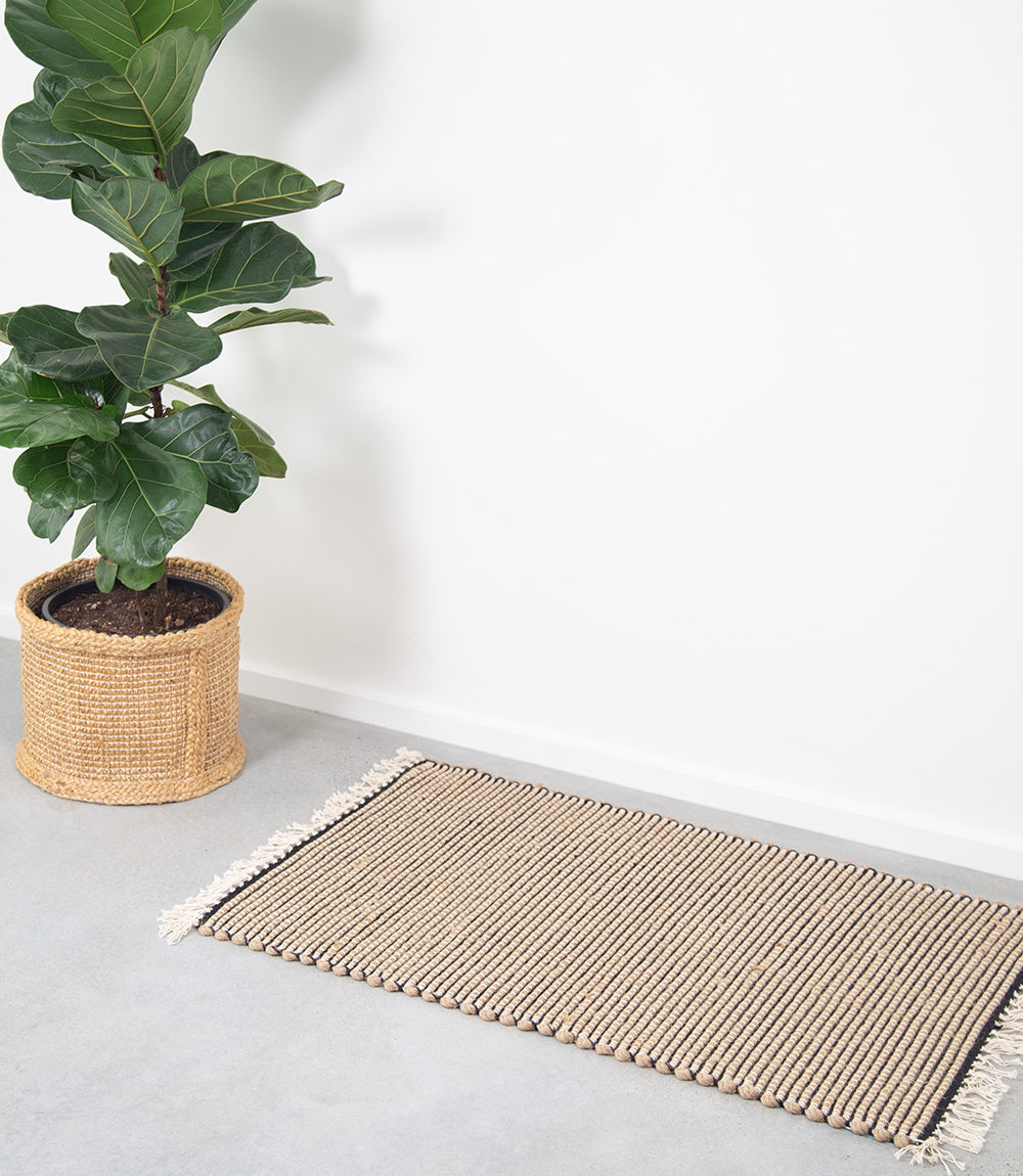 Jute &amp; Cotton Floor Mat - Thick, Black Stripe, 90x60cm