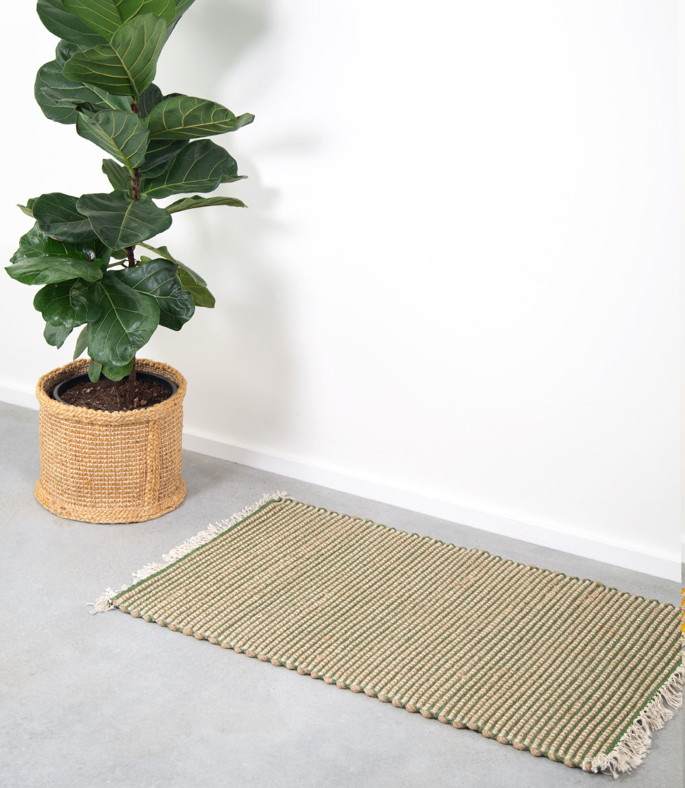 Jute &amp; Cotton Floor Mat - Thick, Green Stripe, 90x60cm