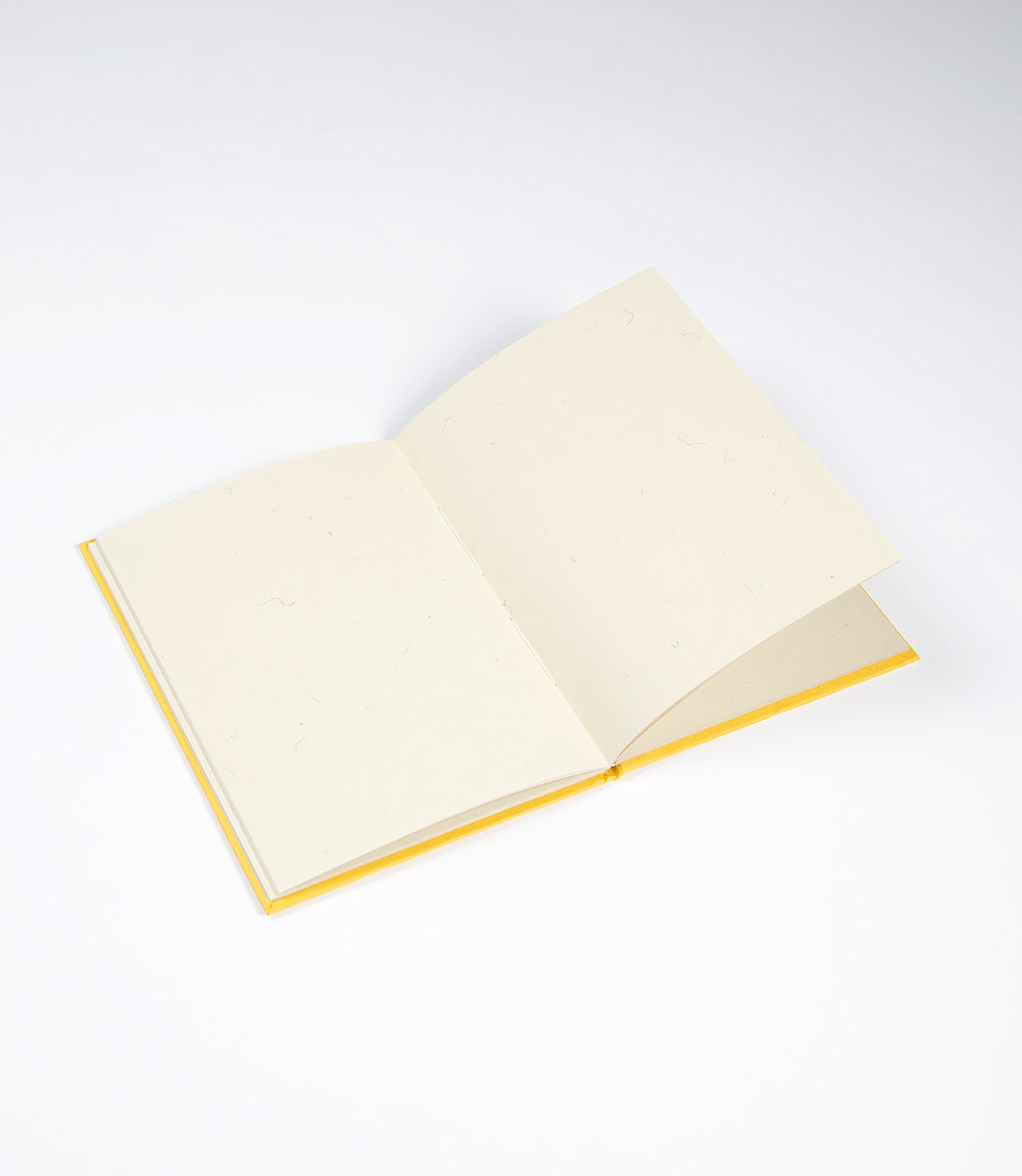 Open notebook with yellow edges on a white background