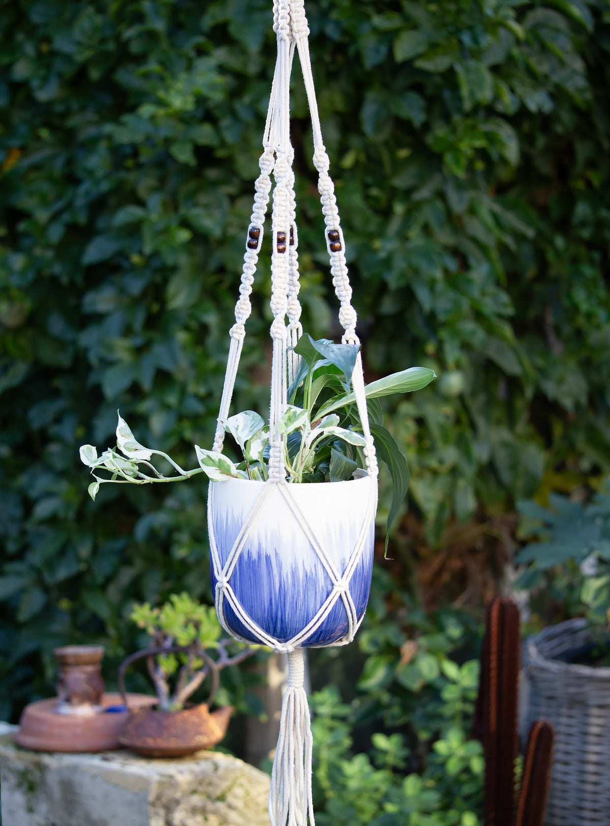 Macrame Cotton Plant Hanger - Brown Bead. 104cm