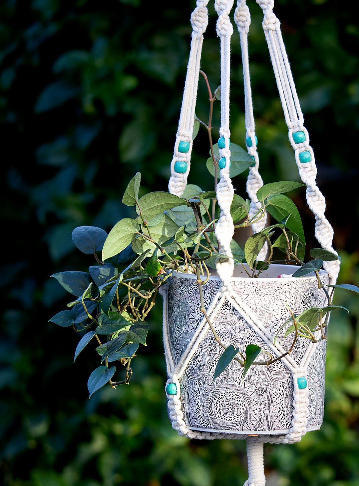 Macrame Cotton Plant Hanger - Turquoise Bead. 99cm