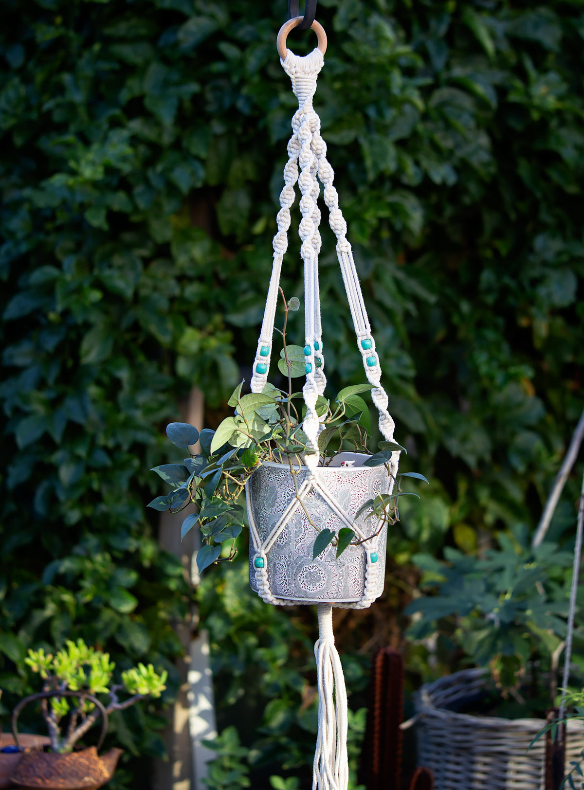 Macrame Cotton Plant Hanger - Turquoise Bead. 99cm