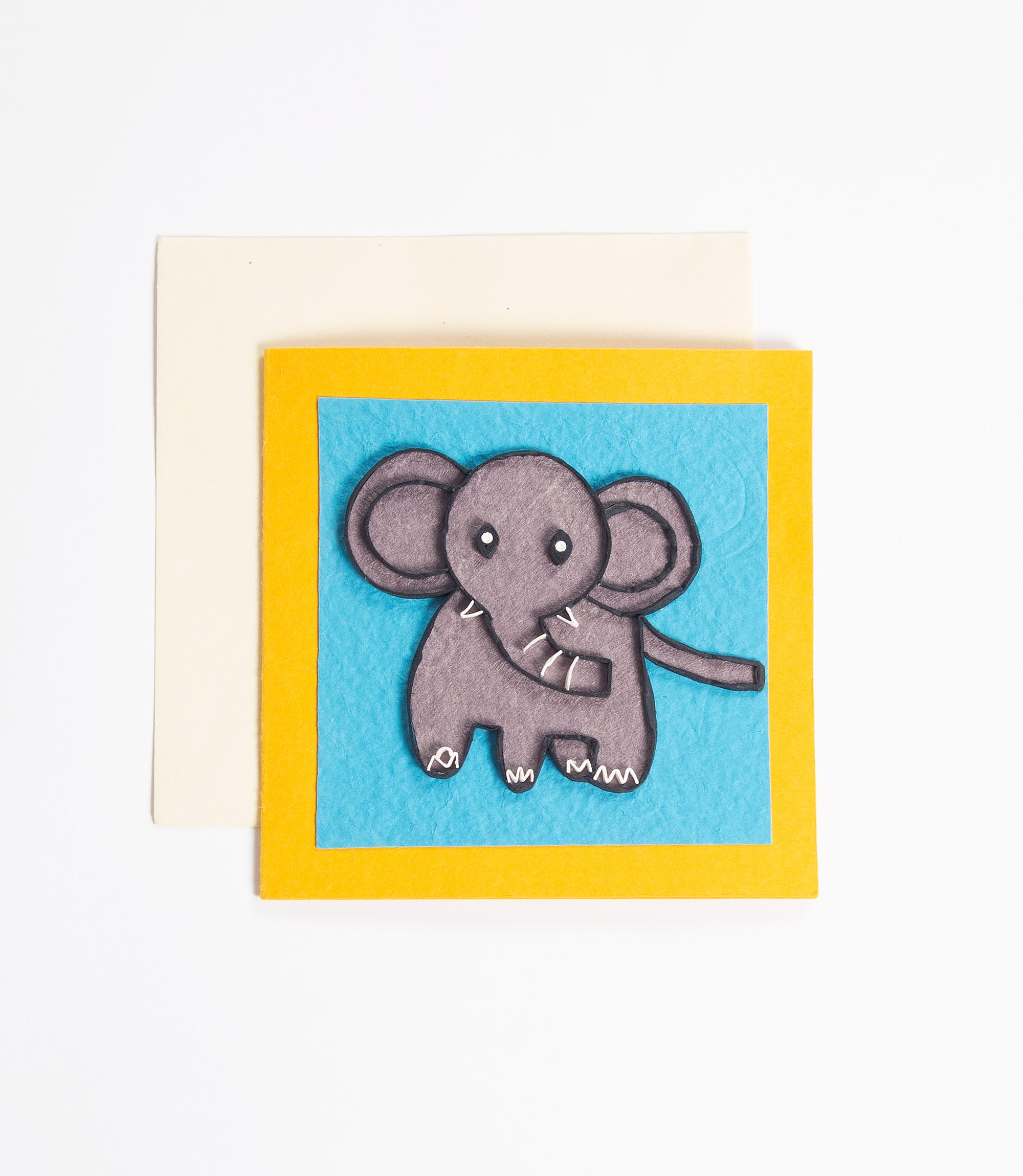 Card with a gray elephant illustration on a blue background, framed by a yellow border.