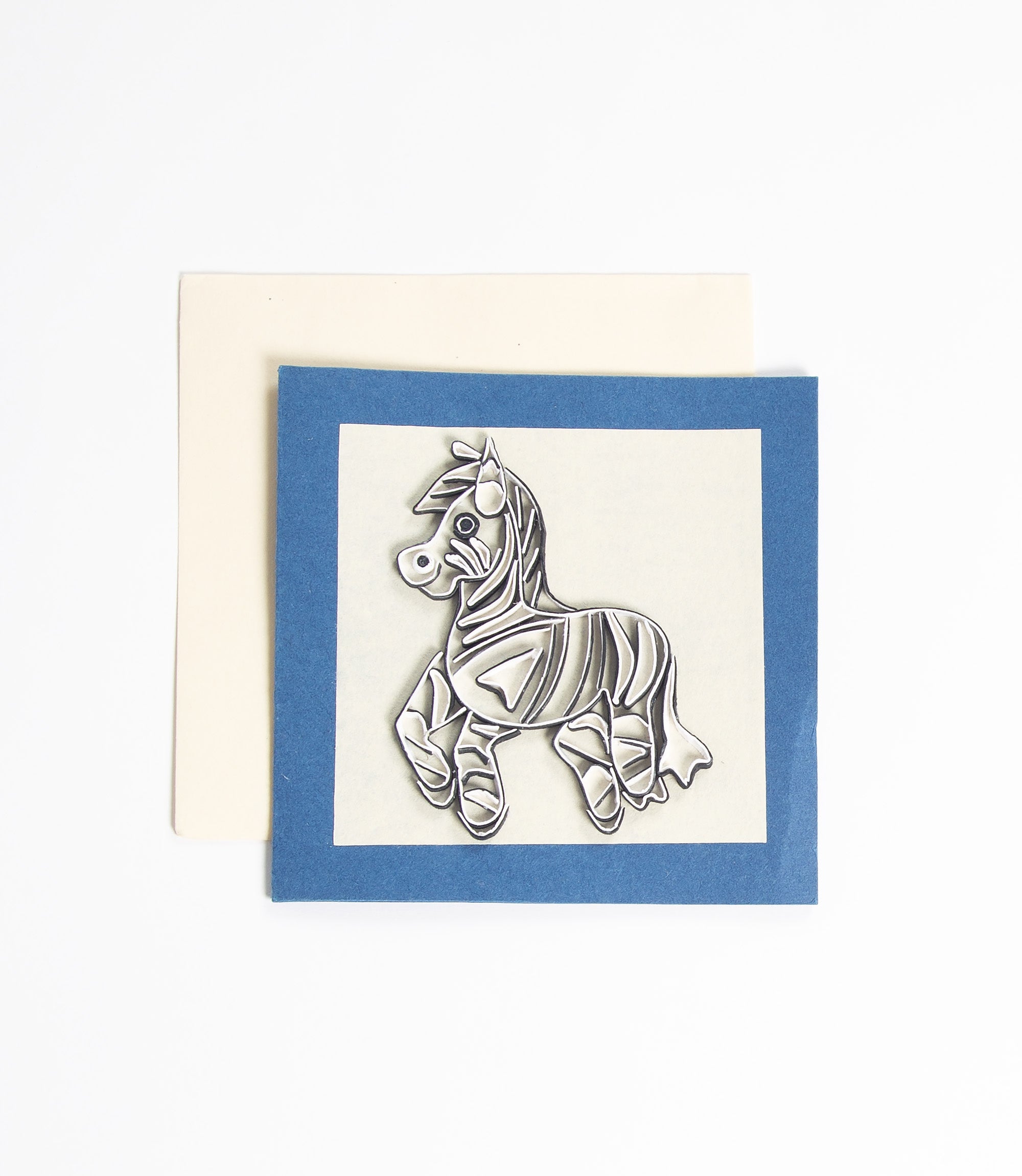 Card with a zebra illustration on a blue border