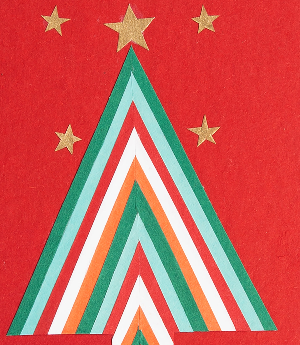 Red card with a colorful Christmas tree design and gold stars.