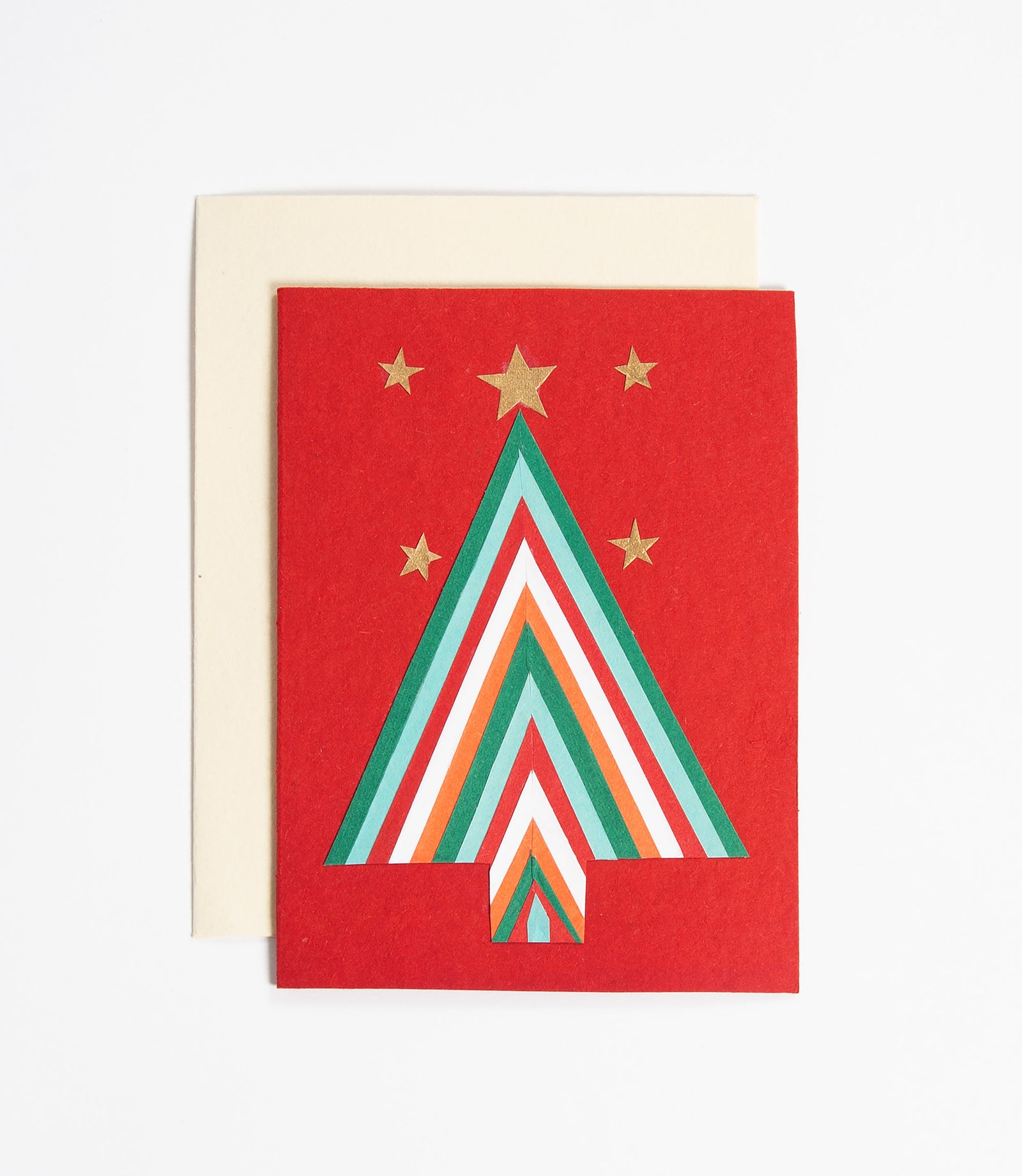 Red card with a colorful Christmas tree design and gold stars.