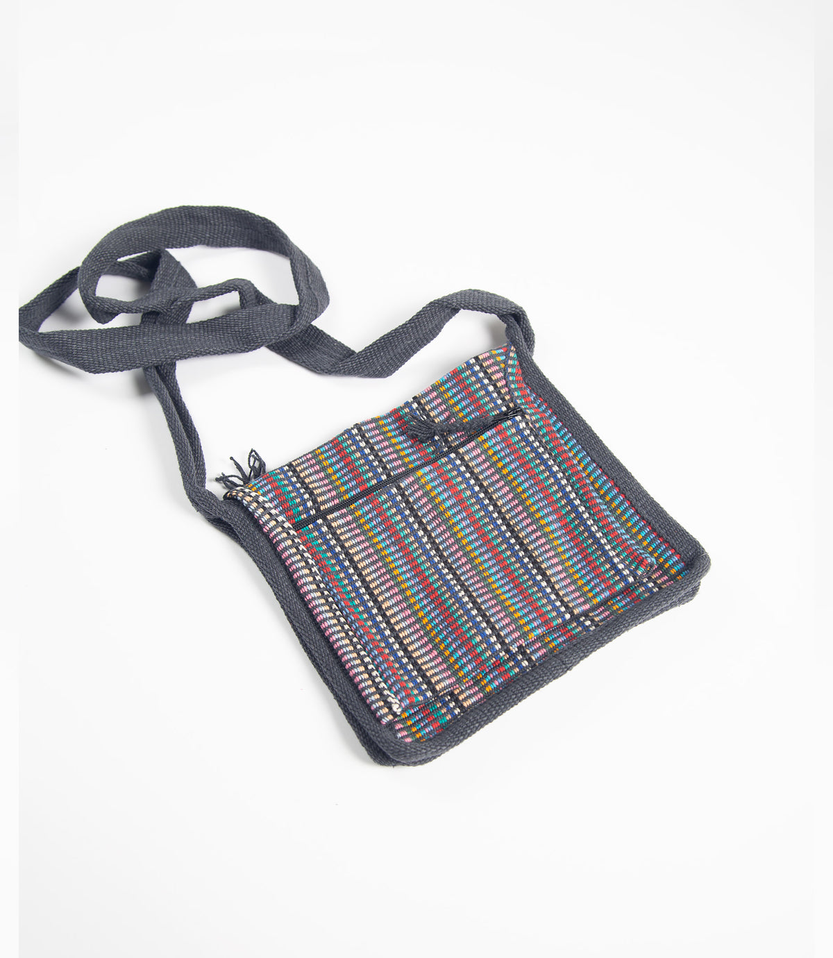 Small square bag with a colorful striped pattern on a white background