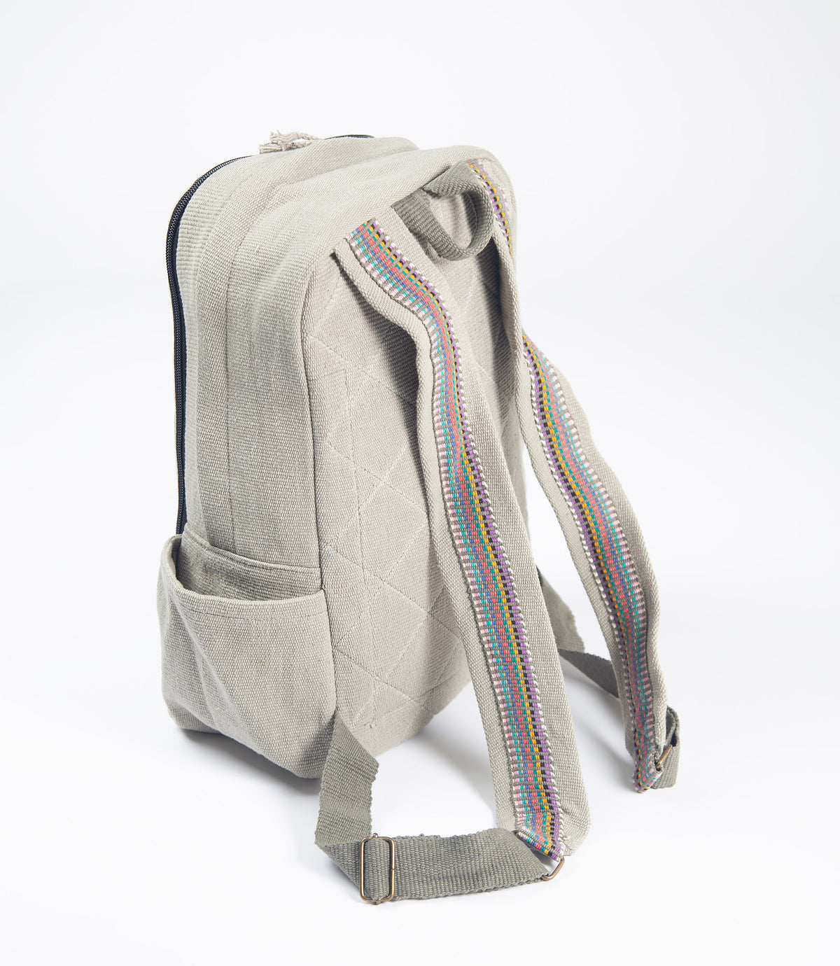 Light grey backpack with colorful straps on a white background
