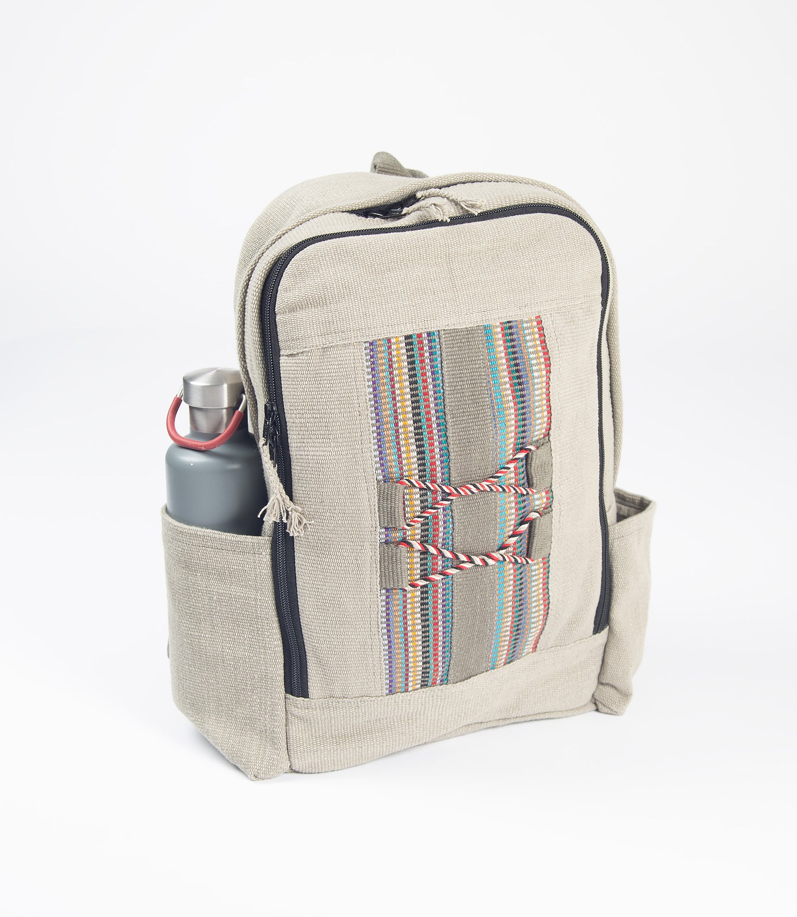 Light grey backpack with colorful pocket on a white background