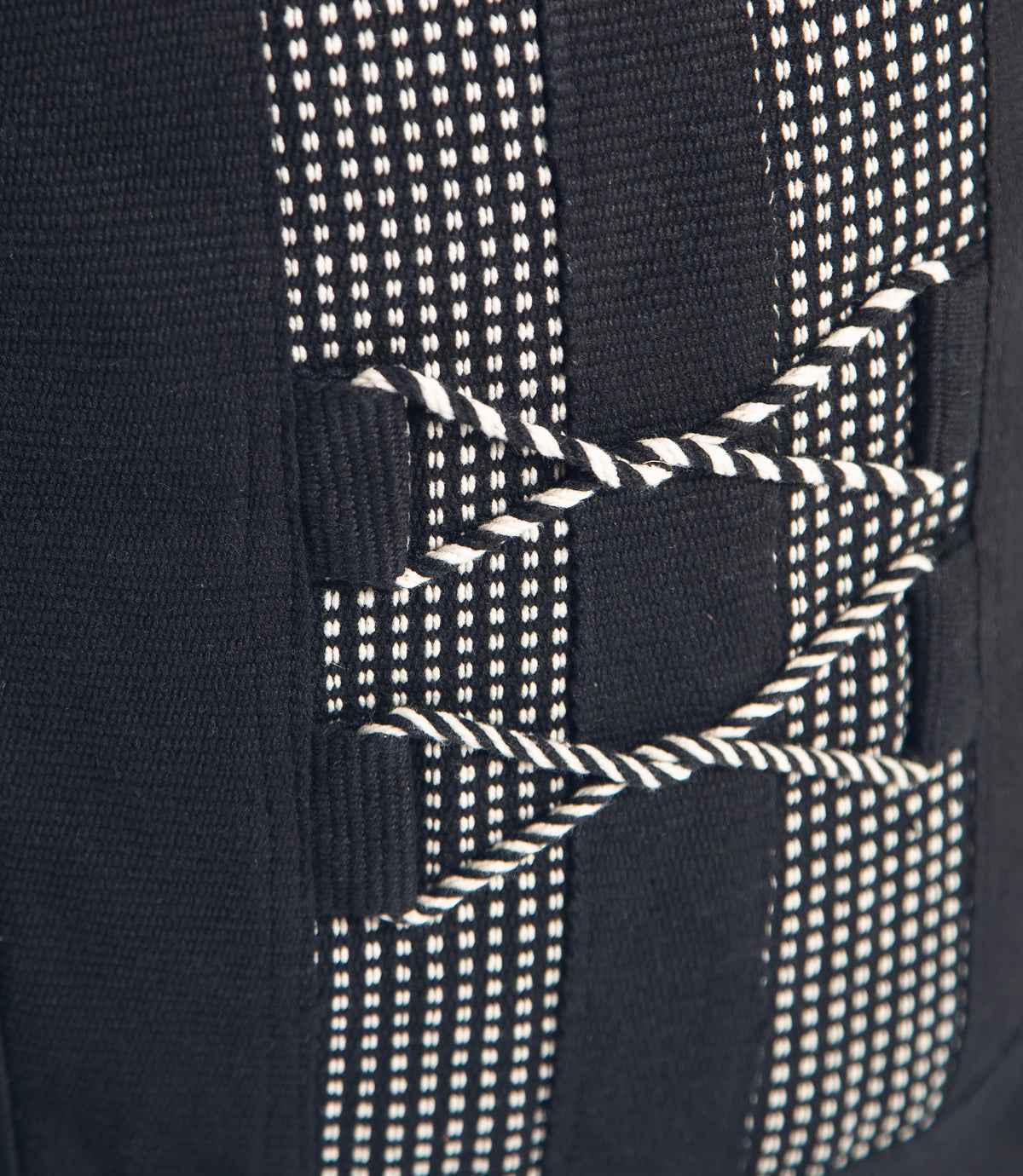 Close-up of a black backpack with white patterned straps.