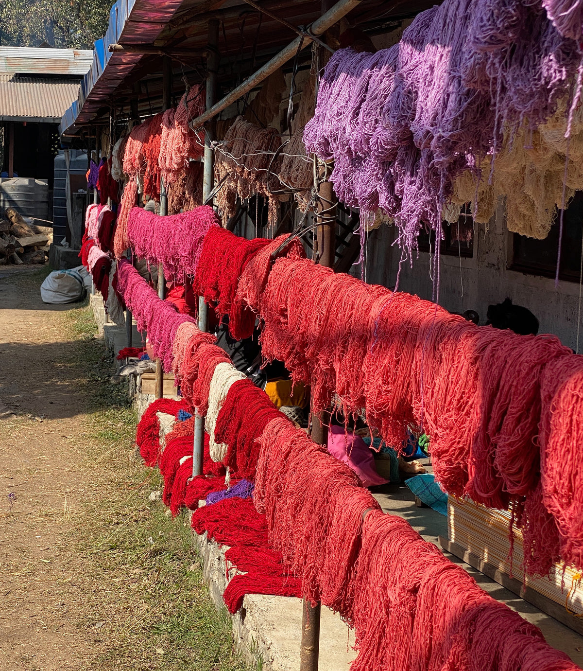 Colorful yarn hanging outdoors under a shelter