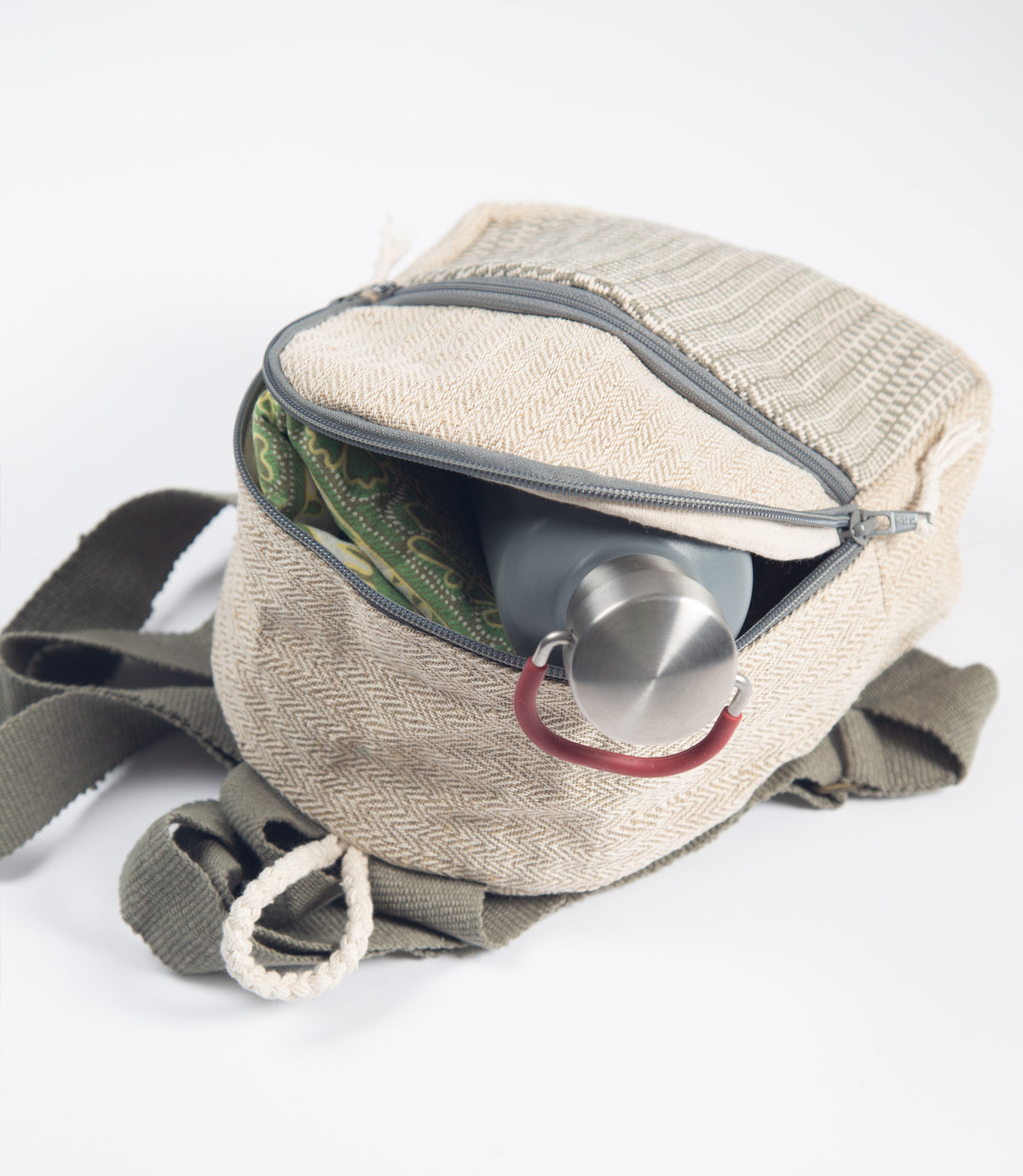 Small backpack with water bottle inside on a white background
