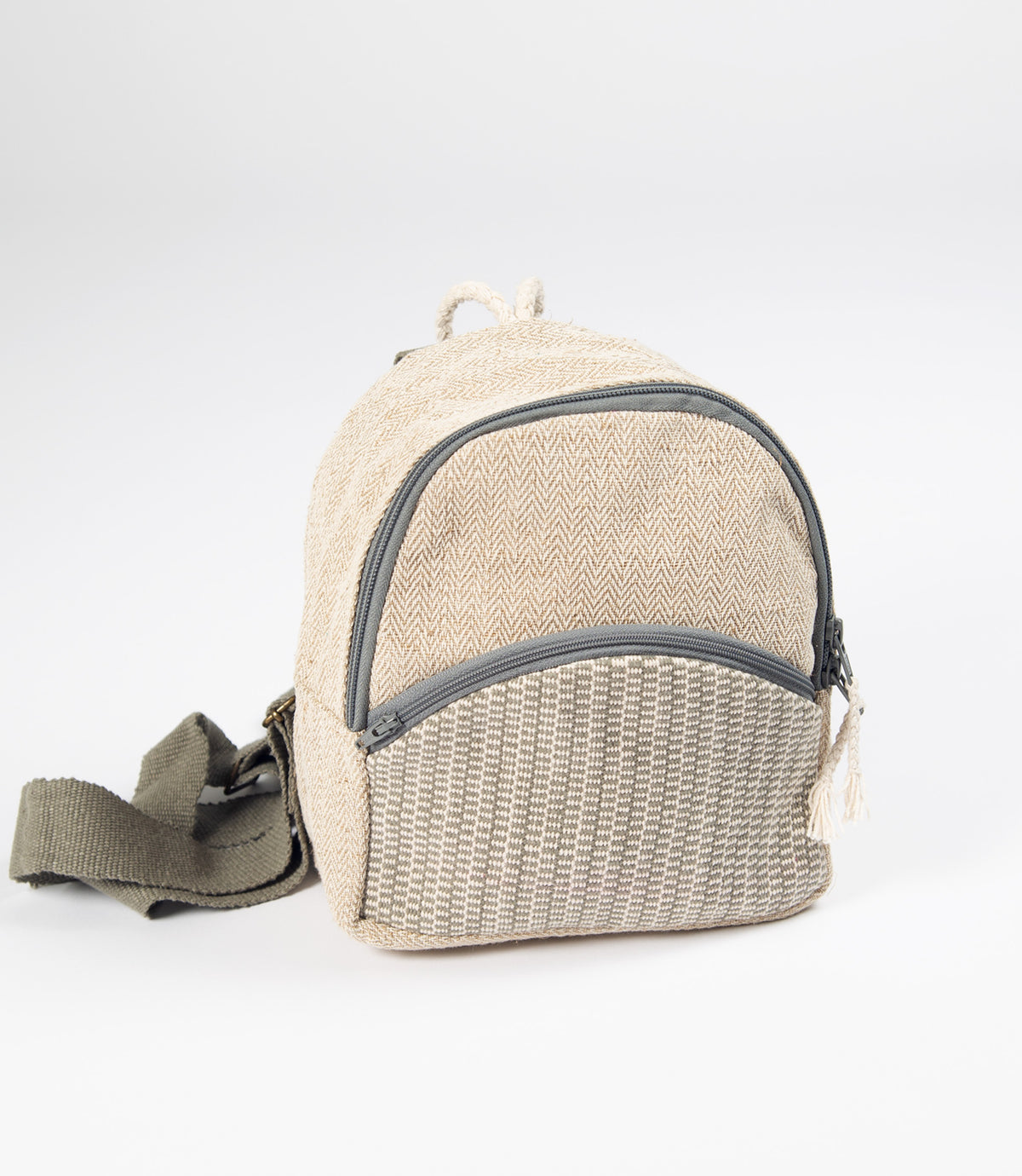 Beige woven backpack with gray accents on a white background
