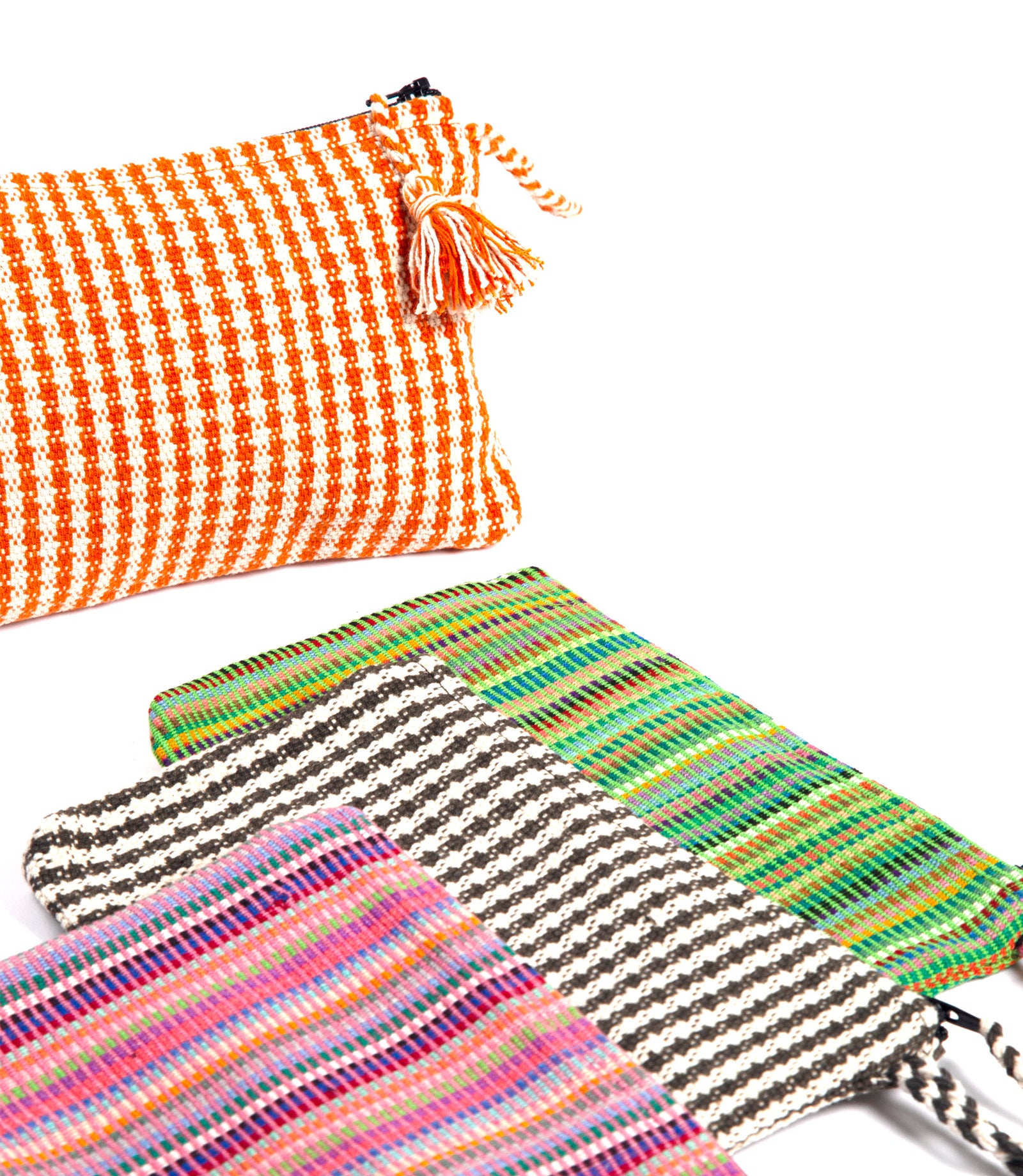 Set of colorful woven bags on a white background